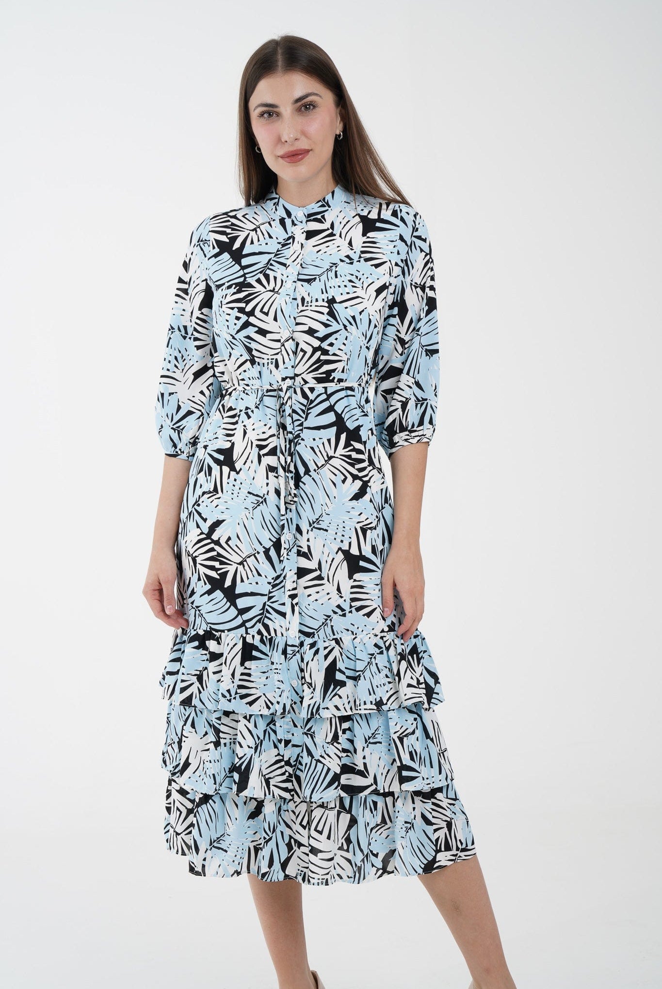 نتشي فستان ميدي منقوش مخصر بحزام على الخصر 3/4 كم نسائي