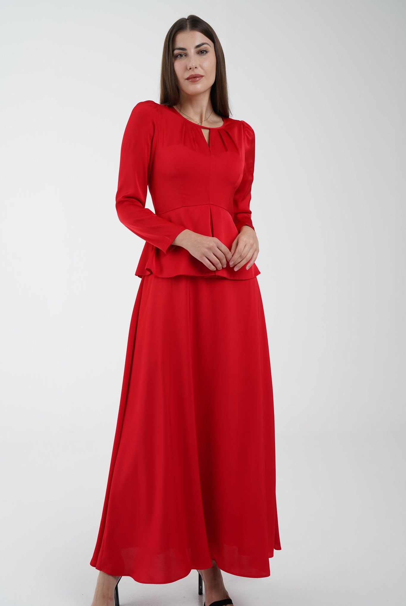 نتشي فستان سادة ماكسي مخصر بفتحة صدر كم طويل نسائي