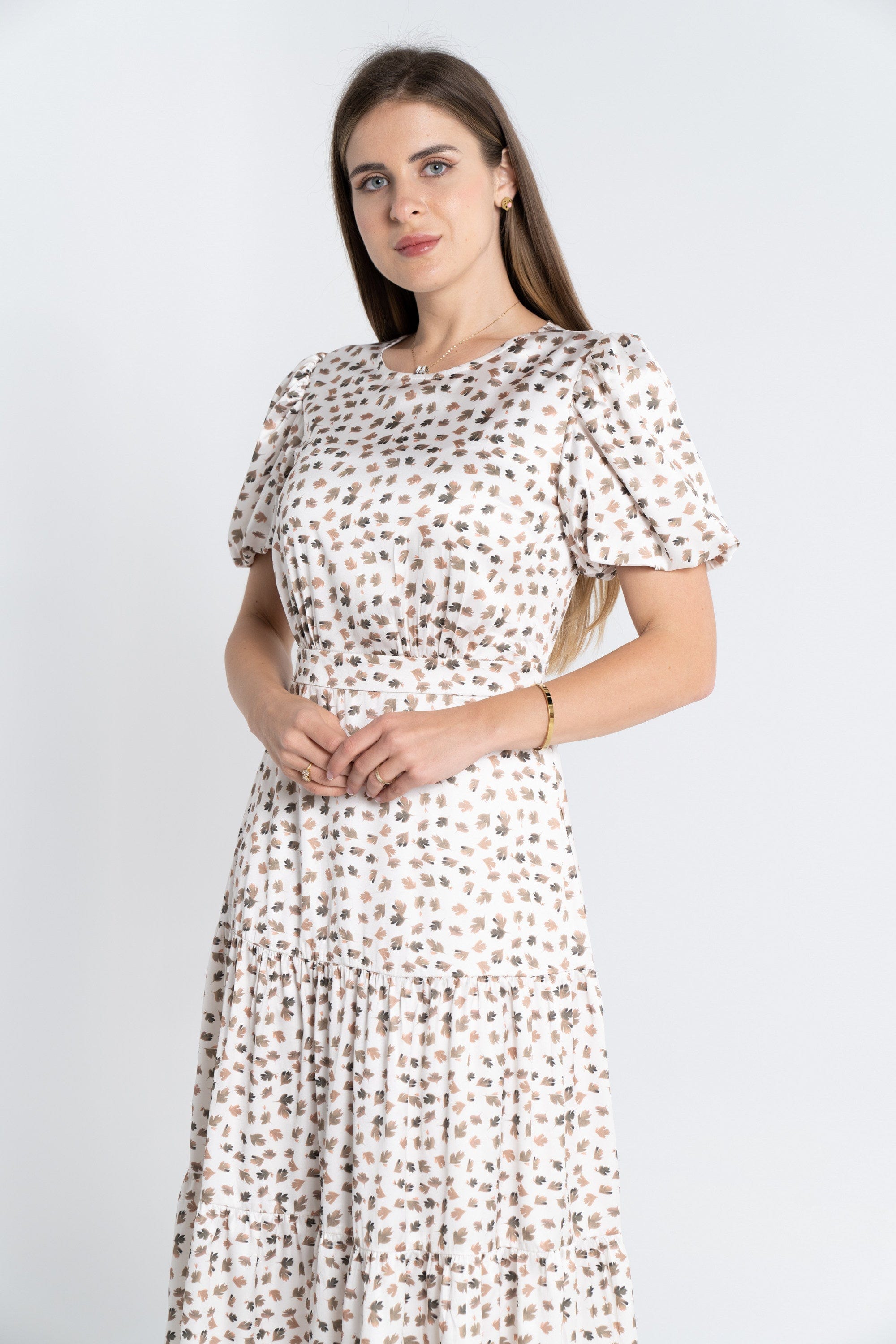 نتشي فستان ميدي منقوش طبقات كم قصير بف نسائي