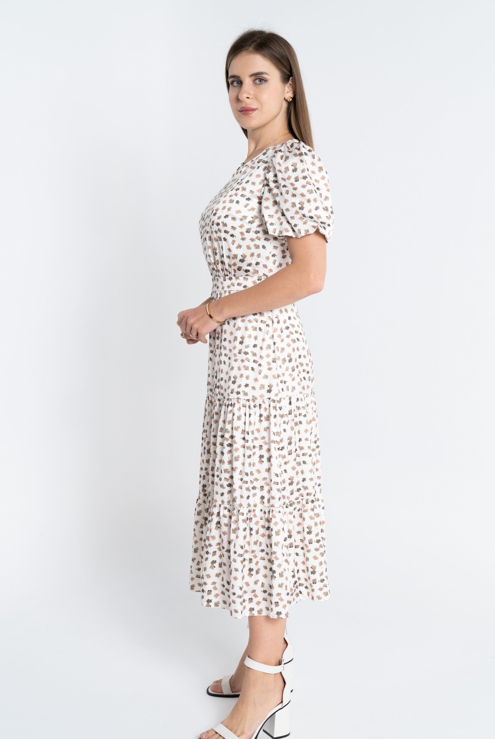 نتشي فستان ميدي منقوش طبقات كم قصير بف نسائي