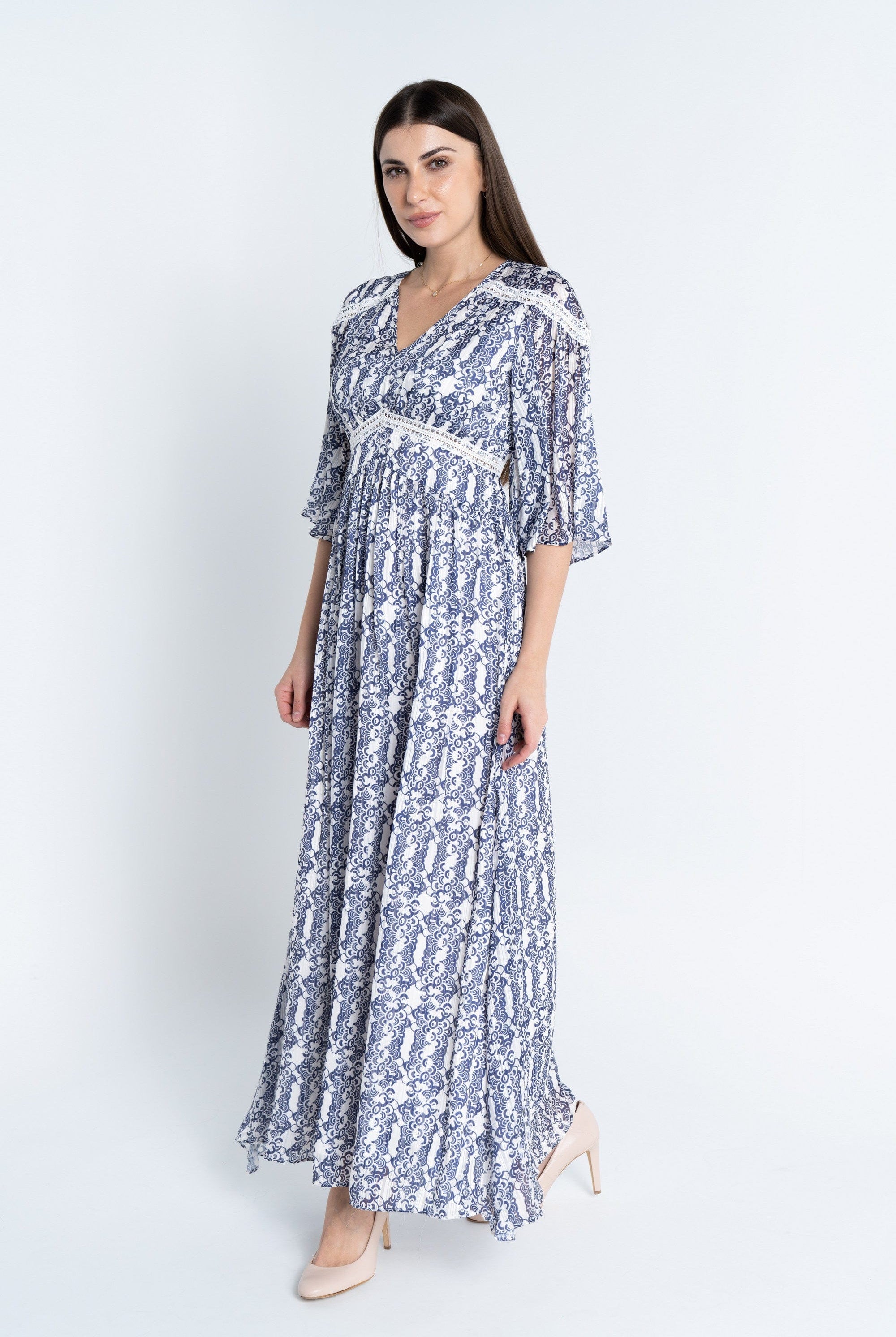 نتشي فستان ماكسي منقوش مخصر 3/4 كم فراشة نسائي