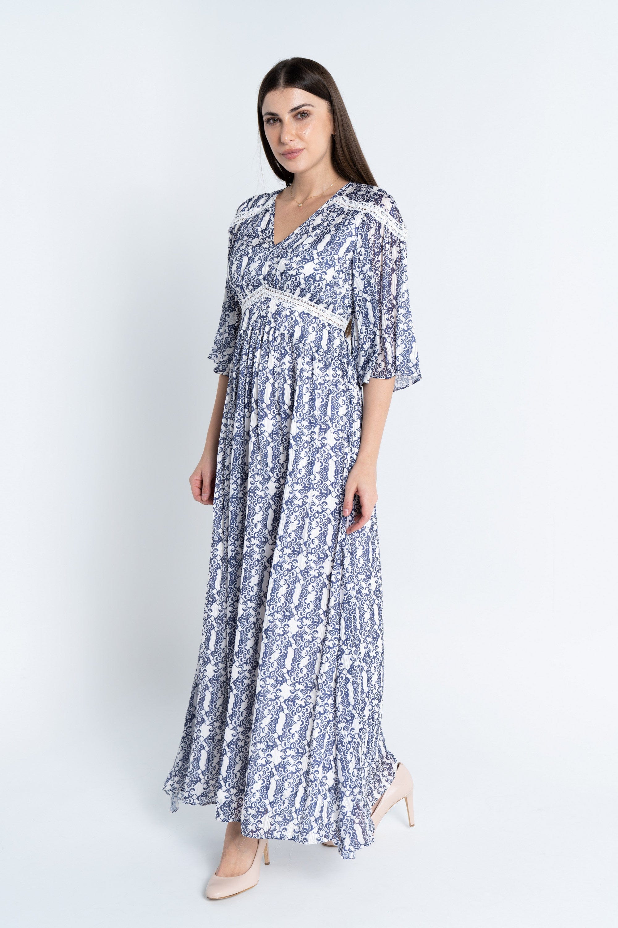 نتشي فستان ماكسي منقوش مخصر 3/4 كم فراشة نسائي