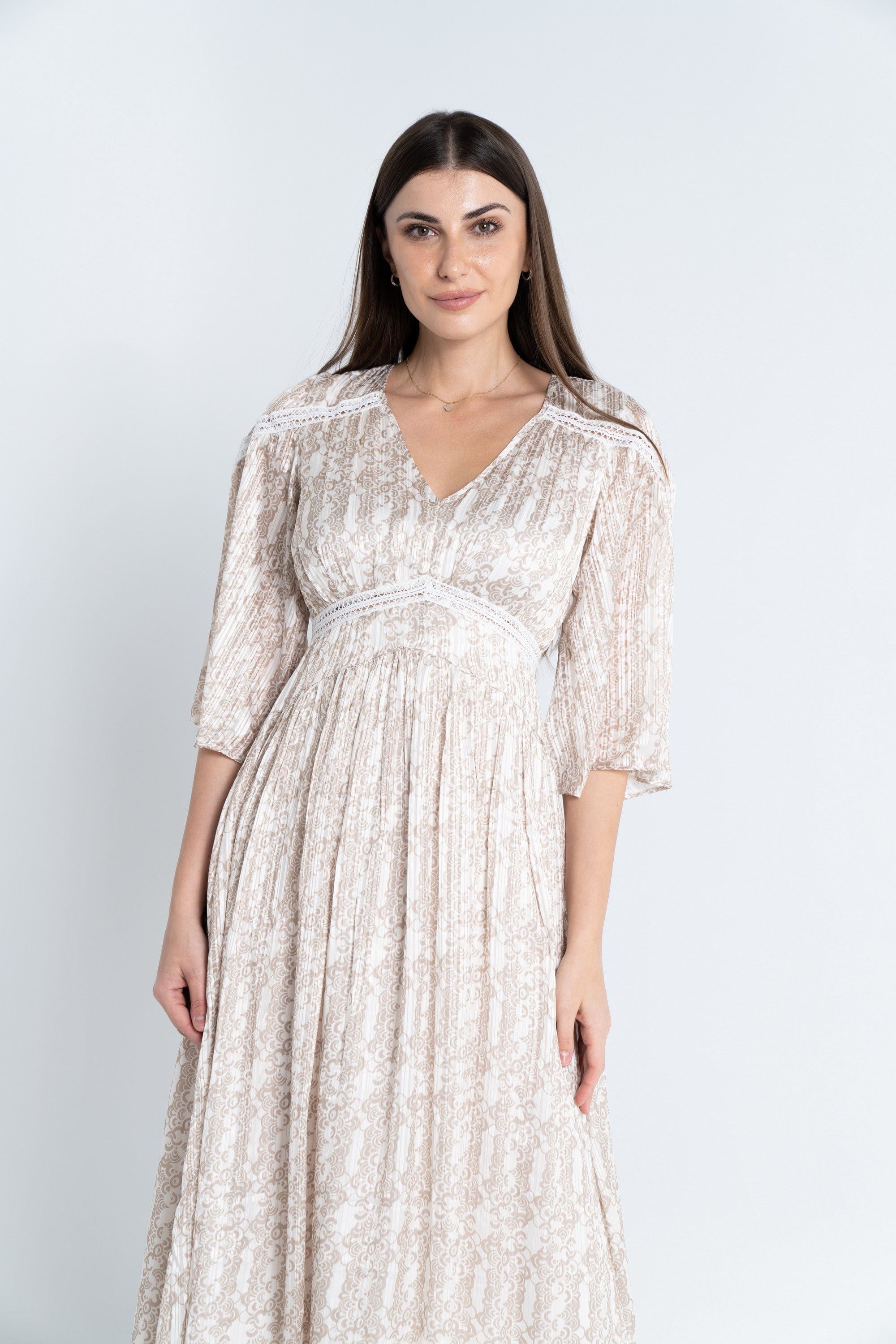 نتشي فستان ماكسي منقوش مخصر 3/4 كم فراشة نسائي