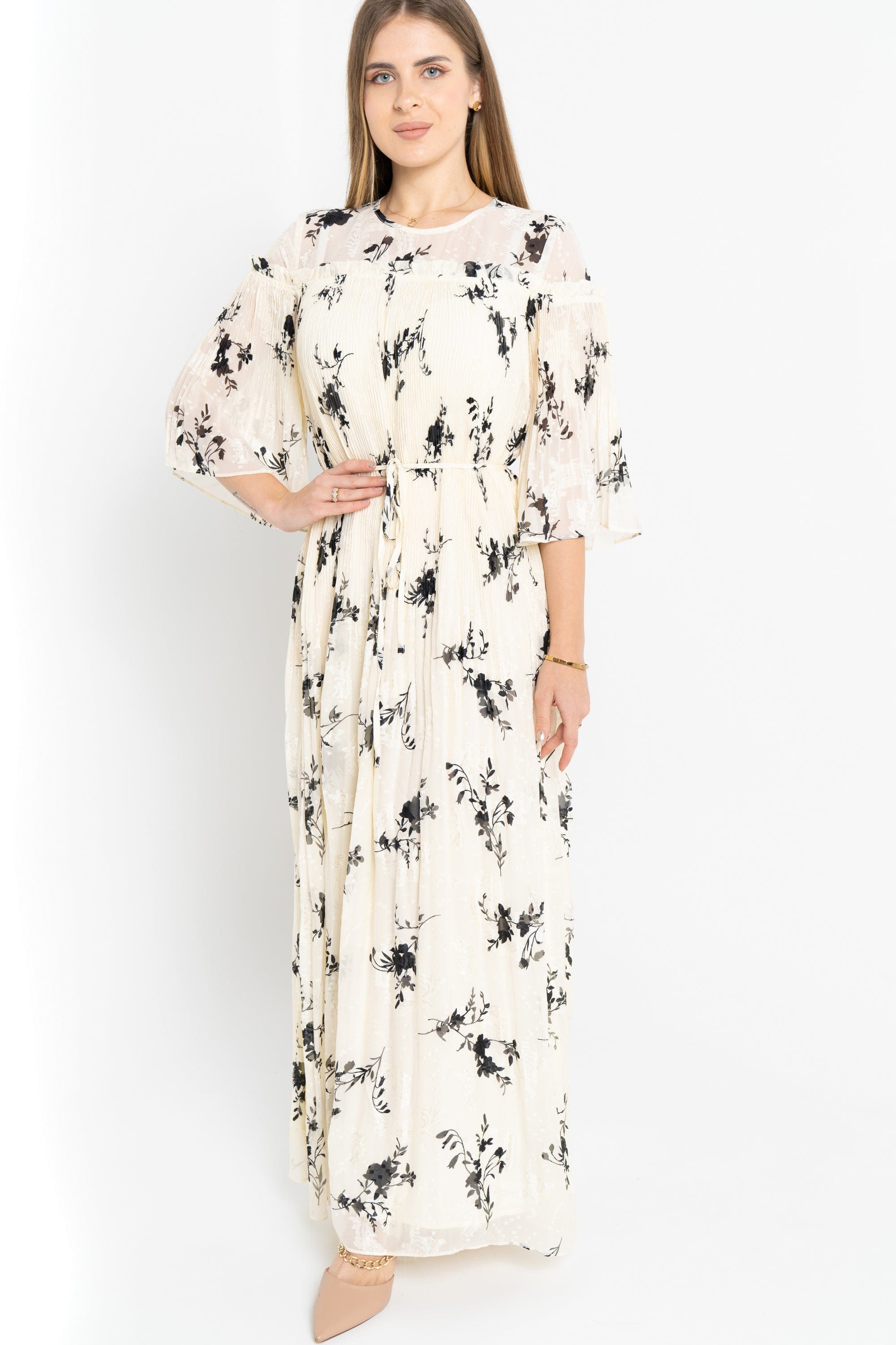 نتشي فستان مشجر مخصر 3/4 كم فراشة نسائي