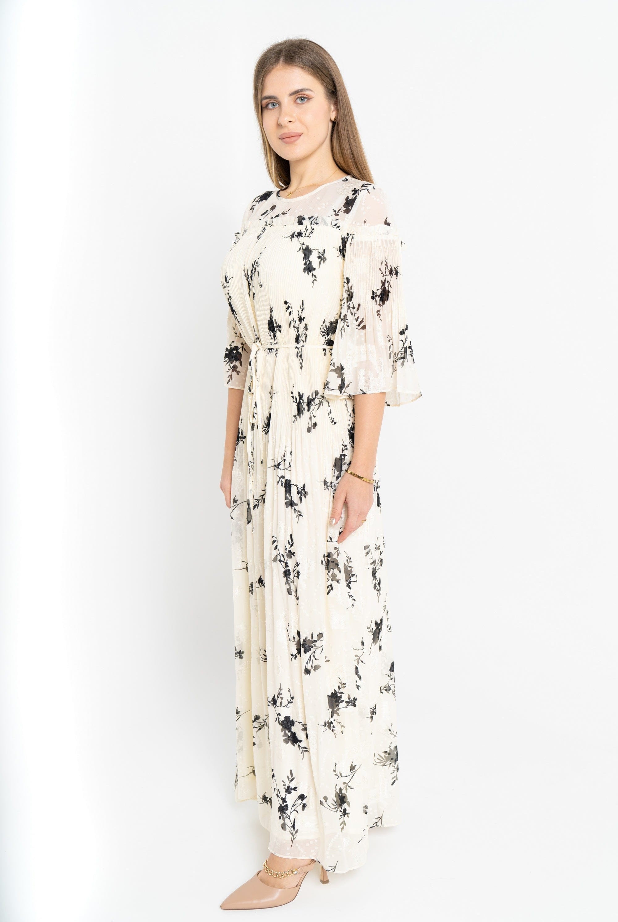 نتشي فستان مشجر مخصر 3/4 كم فراشة نسائي