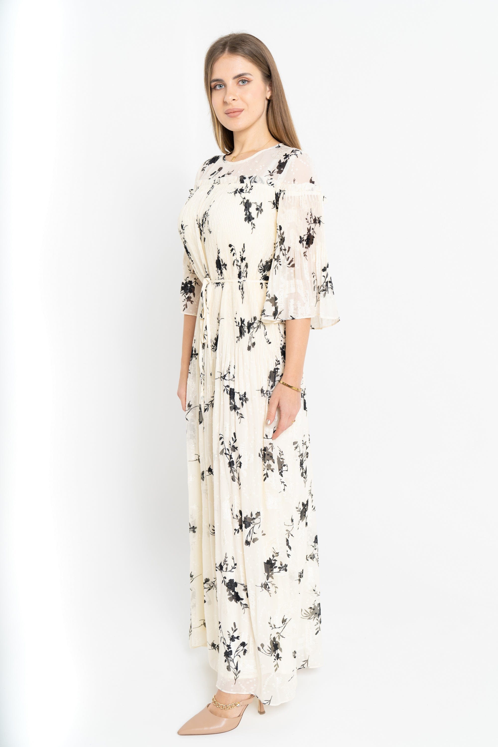 نتشي فستان مشجر مخصر 3/4 كم فراشة نسائي