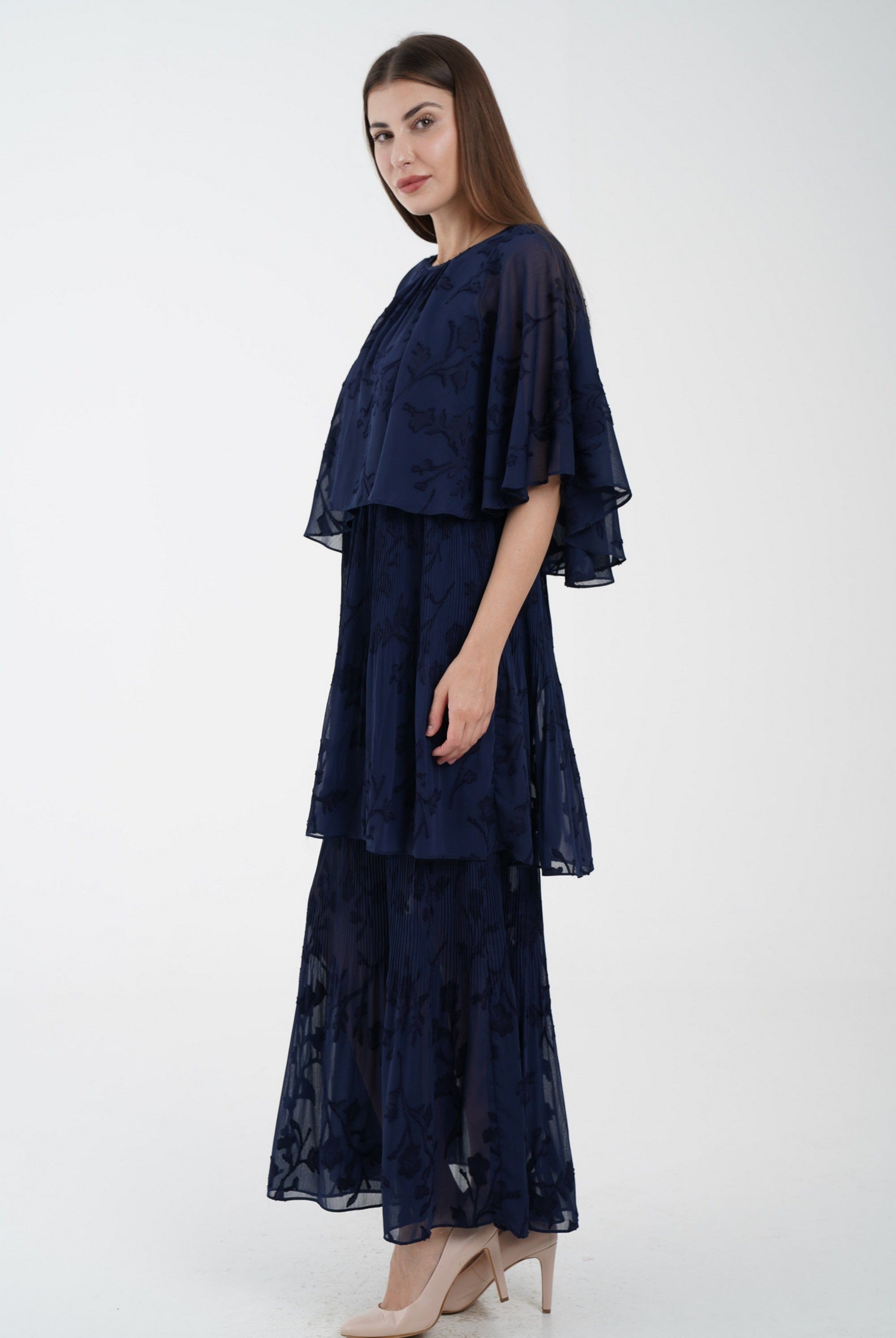 نتشي فستان ماكسي مشجر بحزام على الخصر 3/4 كم فراشة