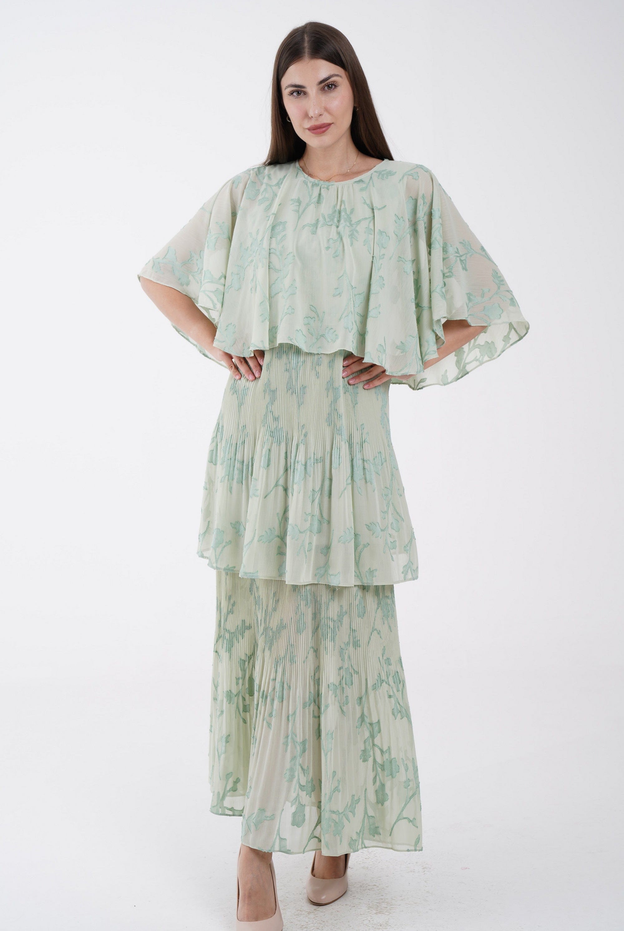 نتشي فستان ماكسي مشجر بحزام على الخصر 3/4 كم فراشة