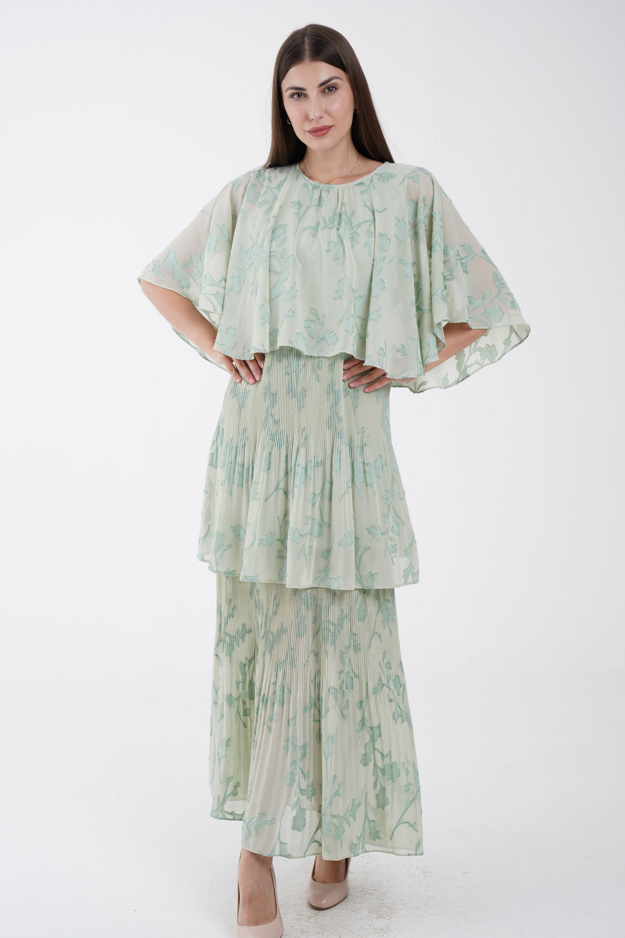 نتشي فستان ماكسي مشجر بحزام على الخصر 3/4 كم فراشة