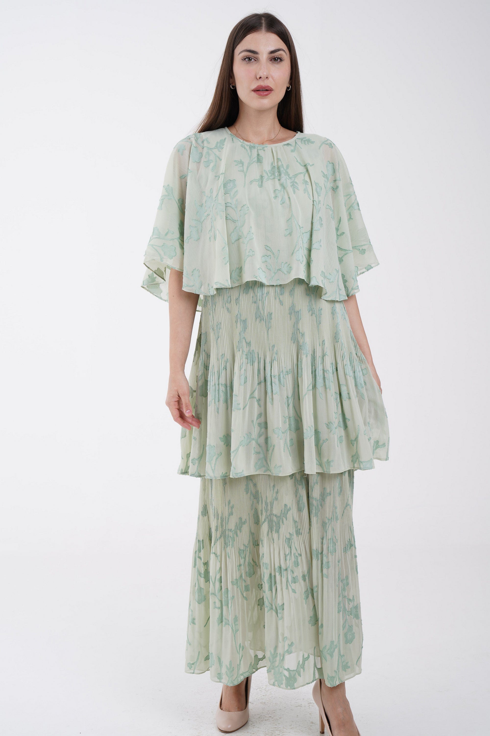 نتشي فستان ماكسي مشجر بحزام على الخصر 3/4 كم فراشة