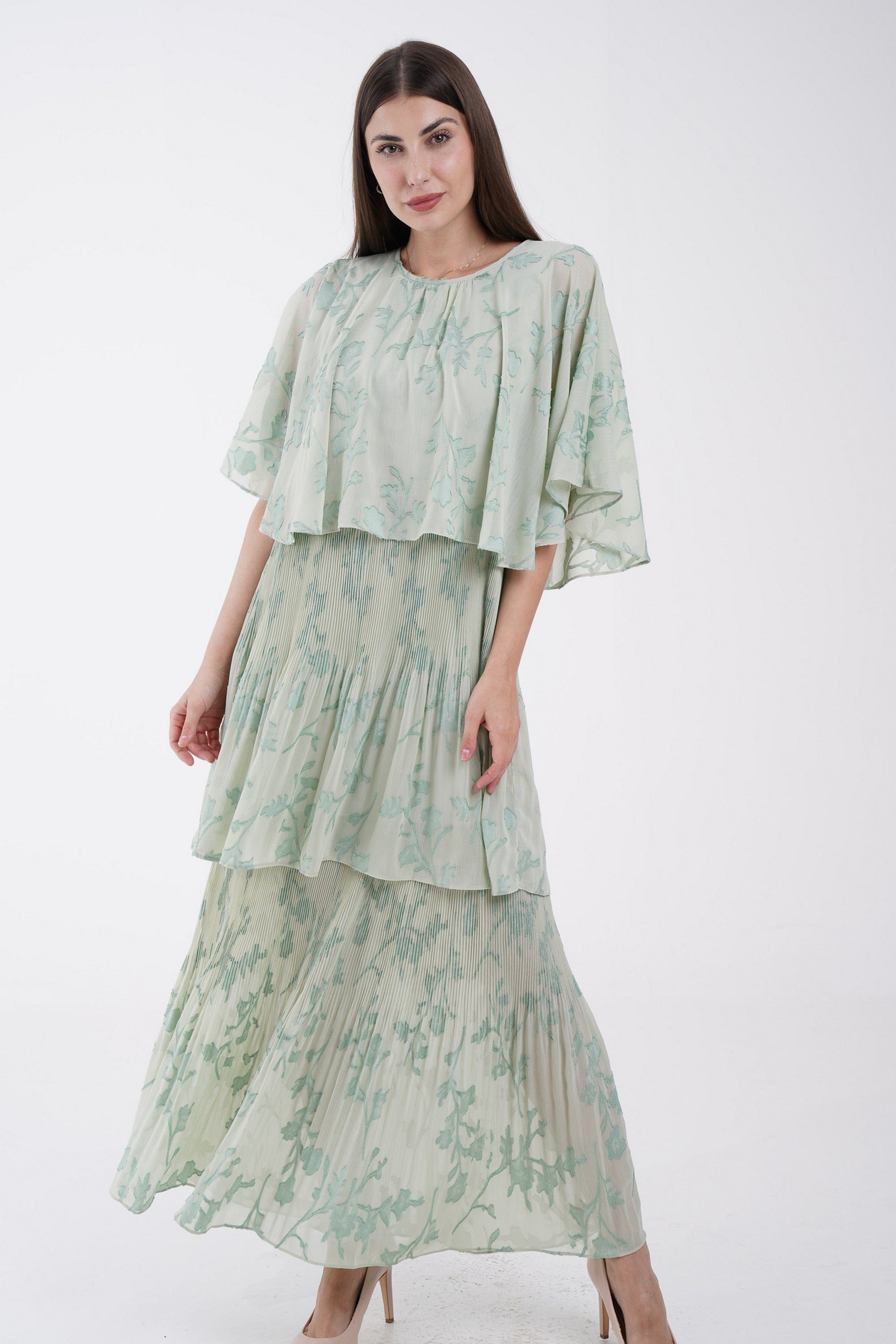 نتشي فستان ماكسي مشجر بحزام على الخصر 3/4 كم فراشة