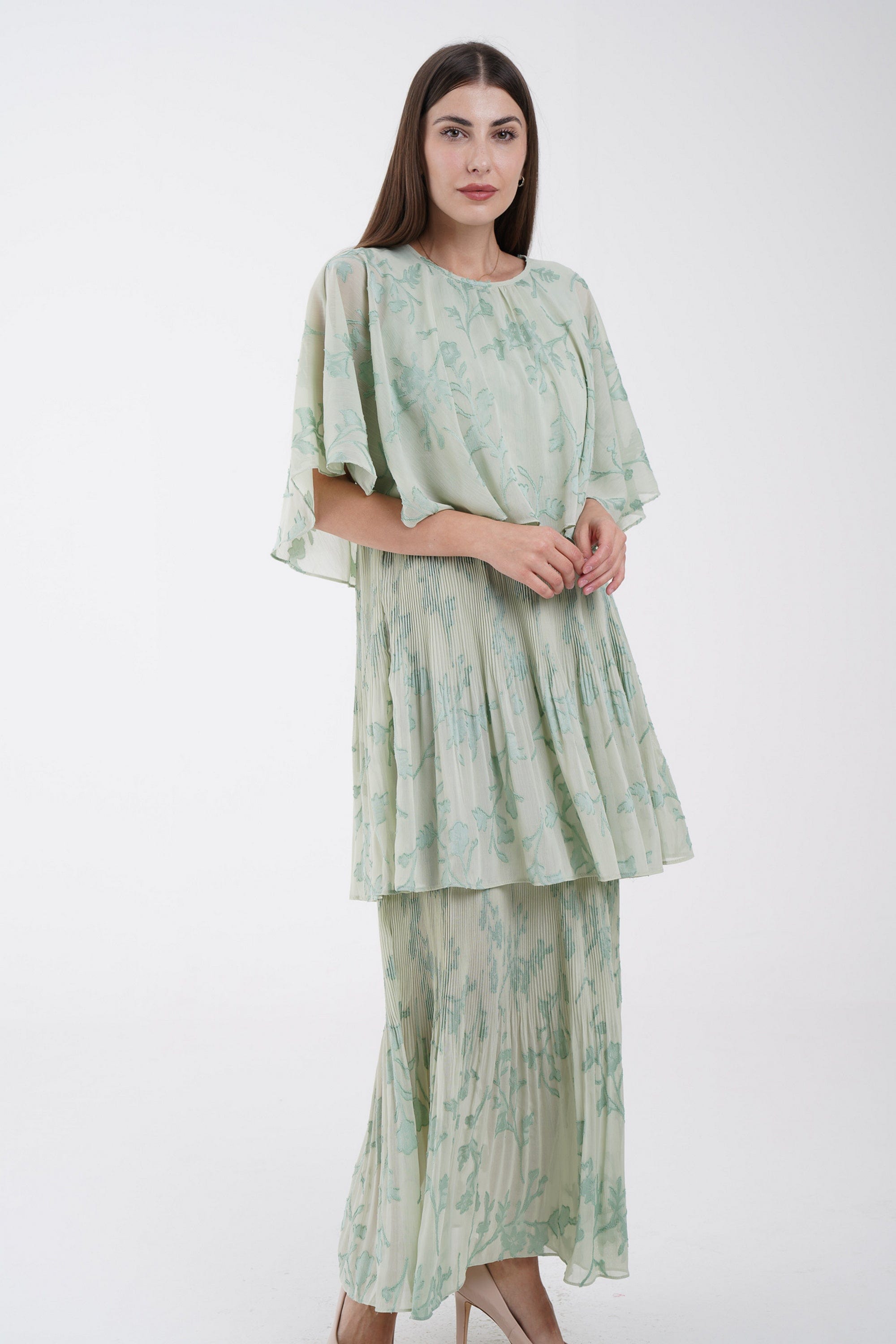 نتشي فستان ماكسي مشجر بحزام على الخصر 3/4 كم فراشة