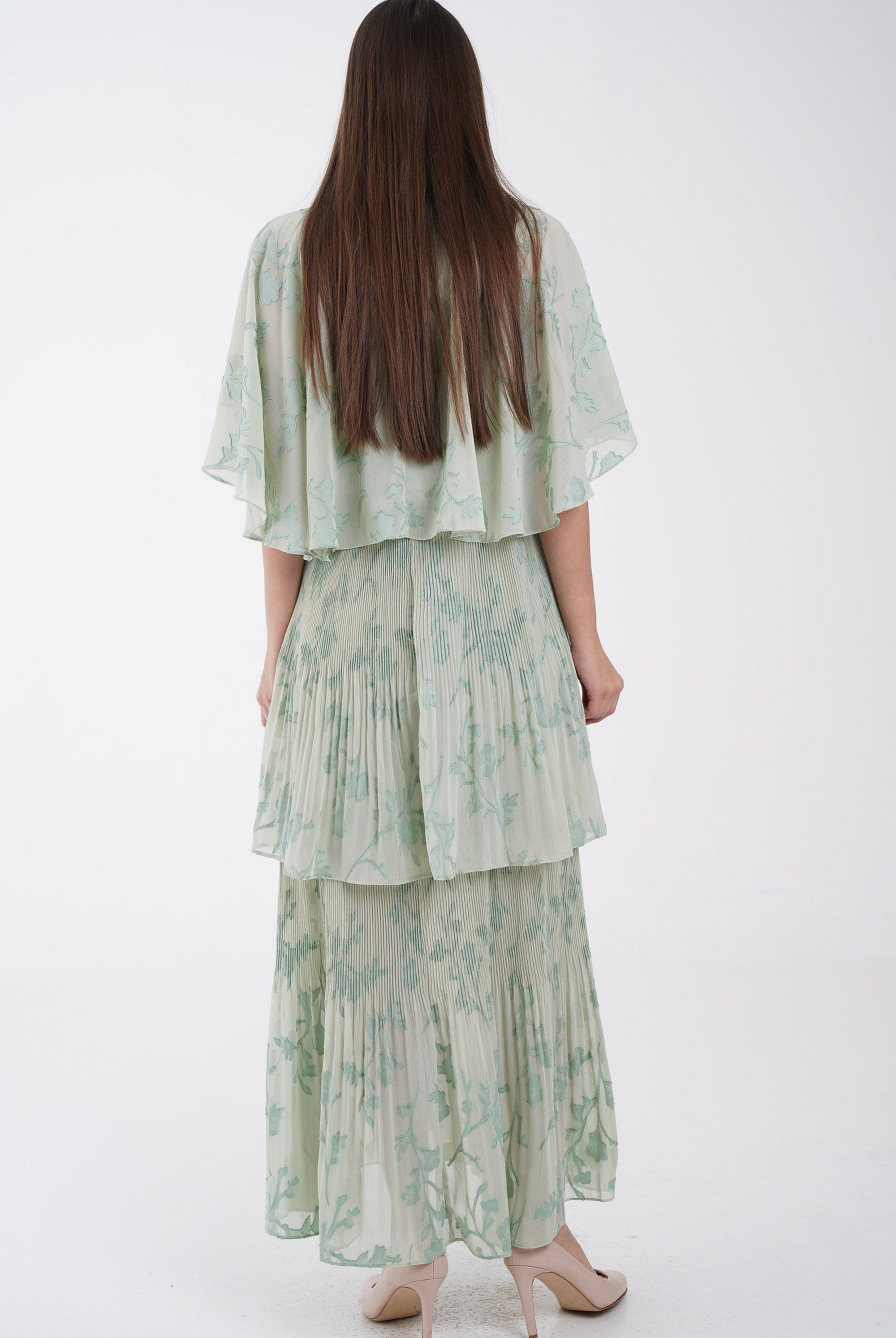 نتشي فستان ماكسي مشجر بحزام على الخصر 3/4 كم فراشة