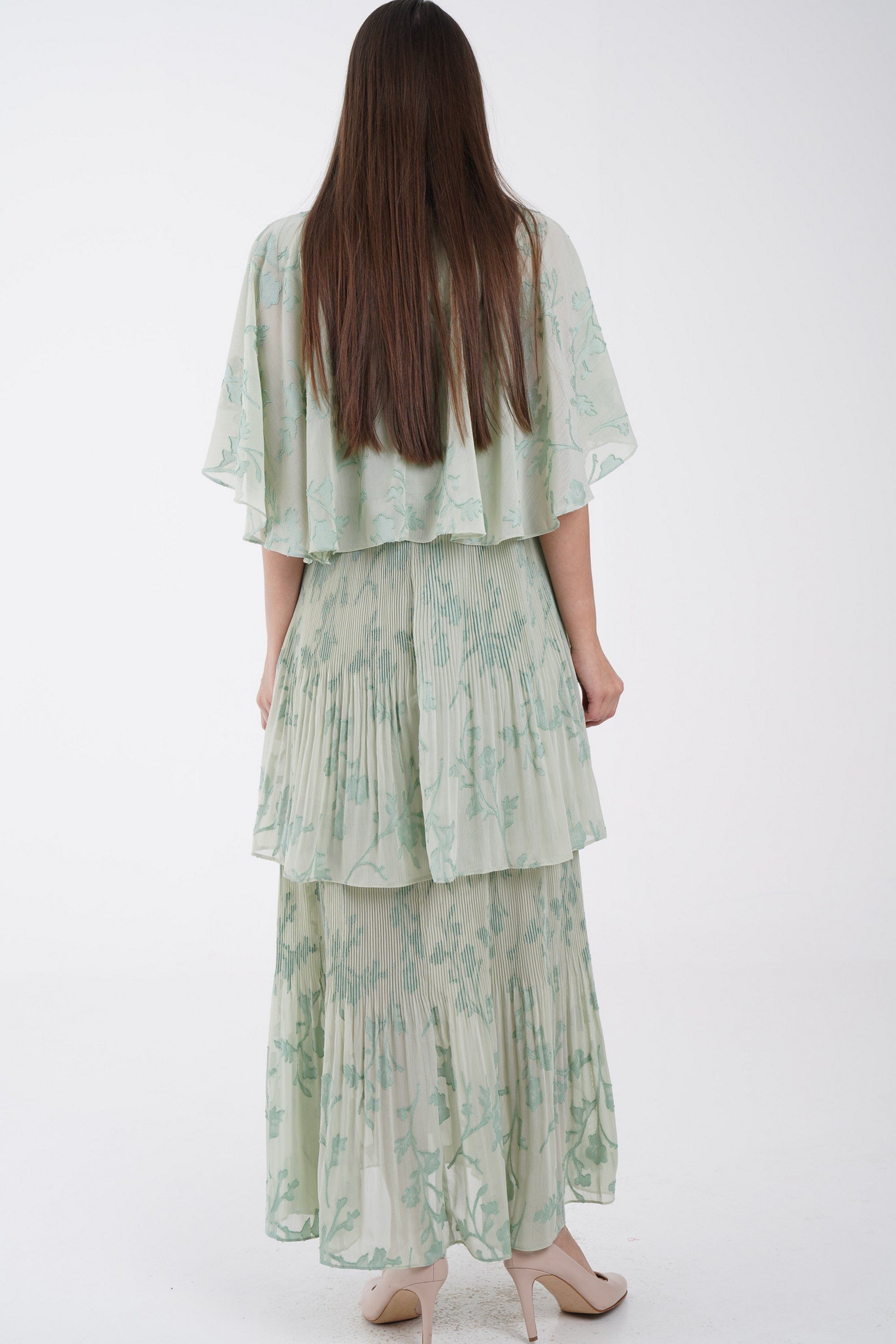 نتشي فستان ماكسي مشجر بحزام على الخصر 3/4 كم فراشة