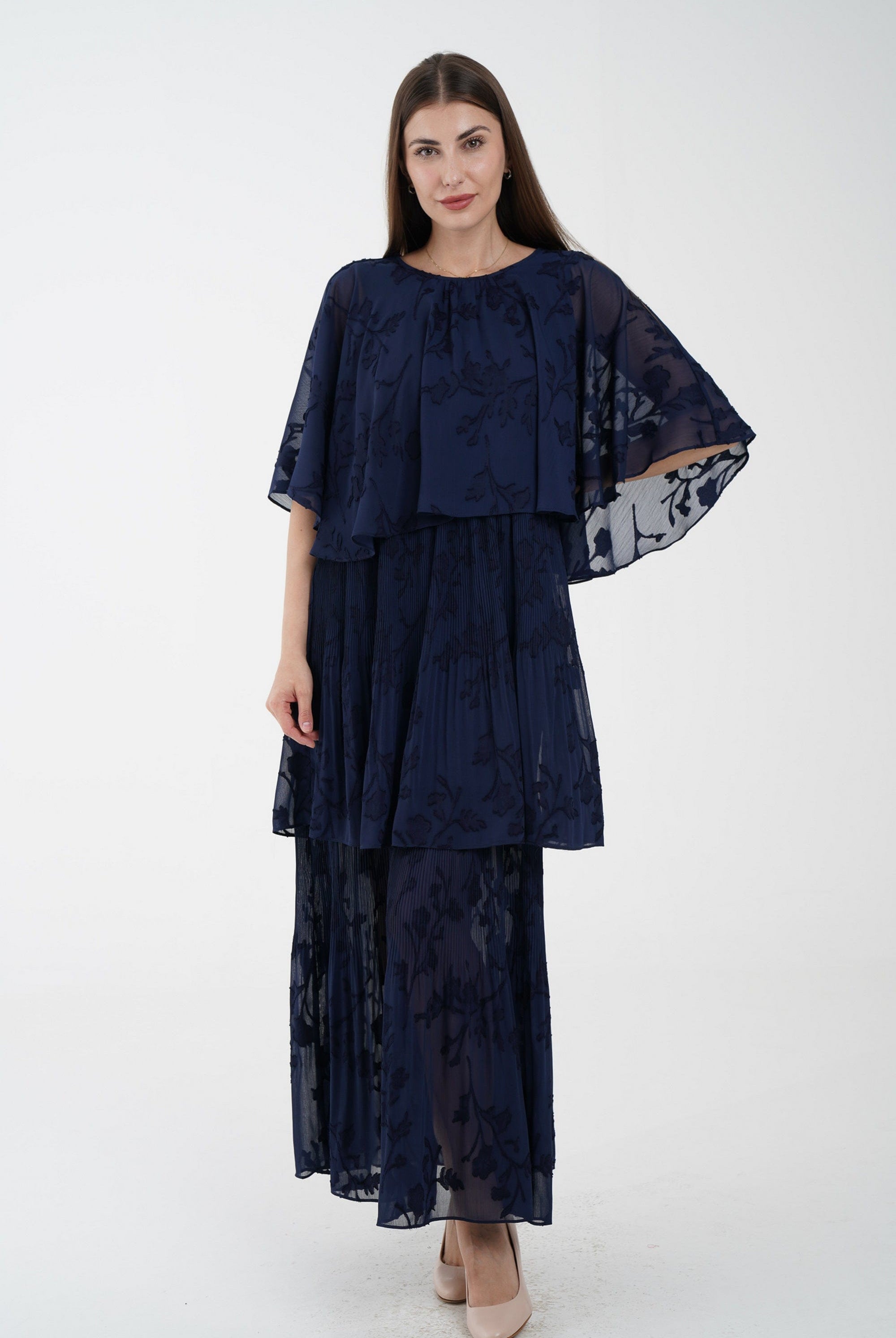 نتشي فستان ماكسي مشجر بحزام على الخصر 3/4 كم فراشة