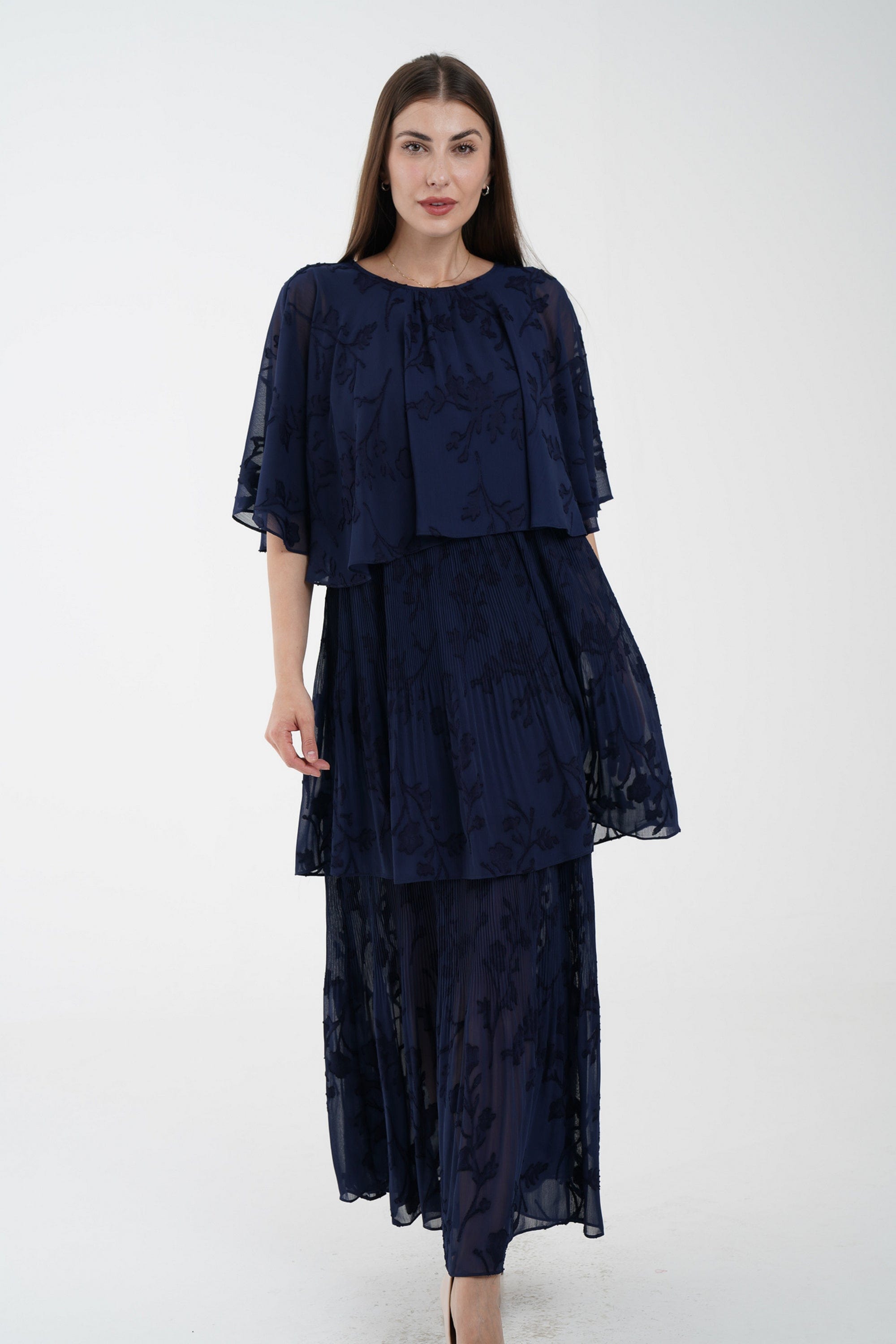 نتشي فستان ماكسي مشجر بحزام على الخصر 3/4 كم فراشة