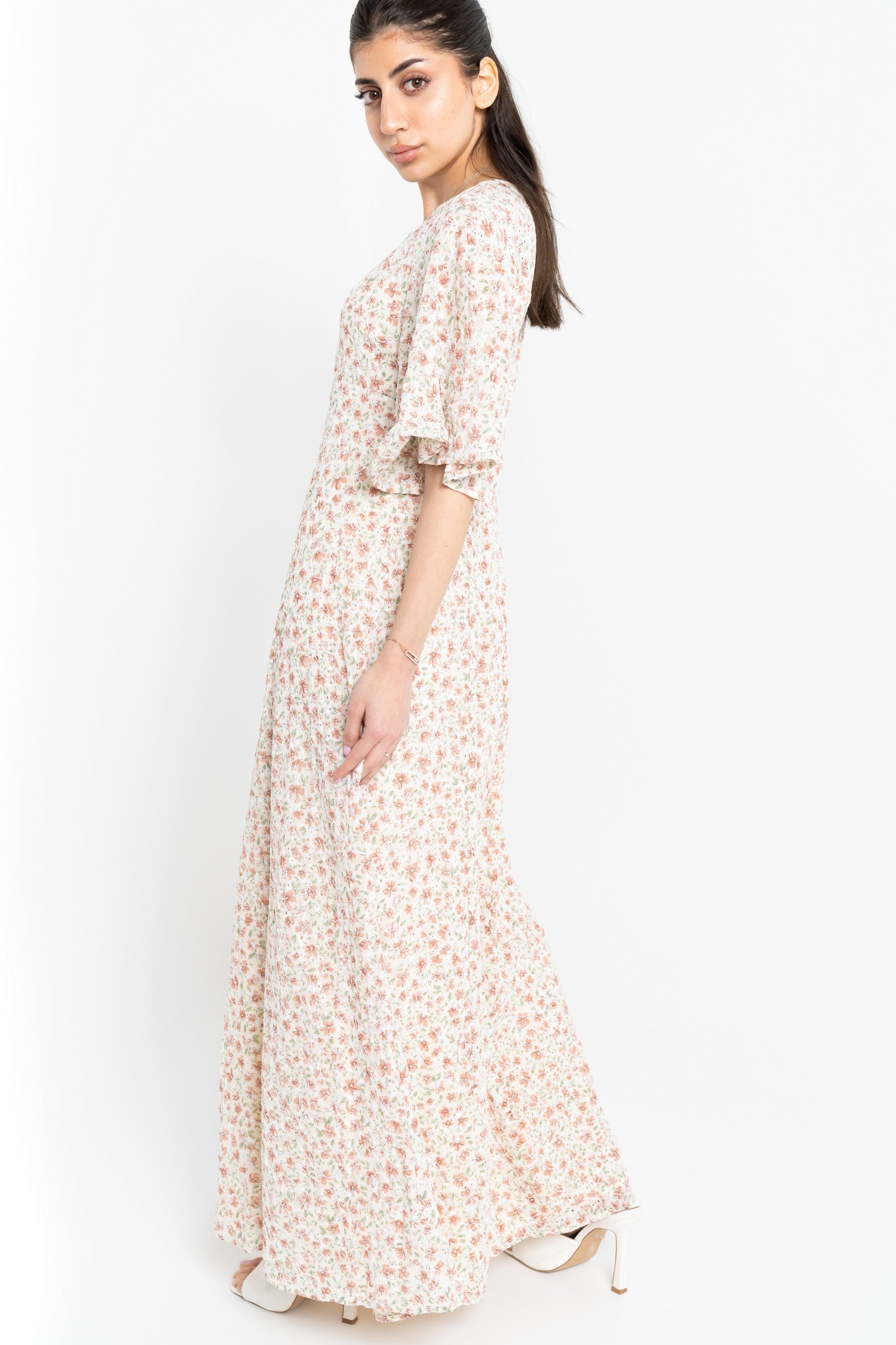 نتشي فستان مورد مخصر طويل بأكمام على شكل فراشة