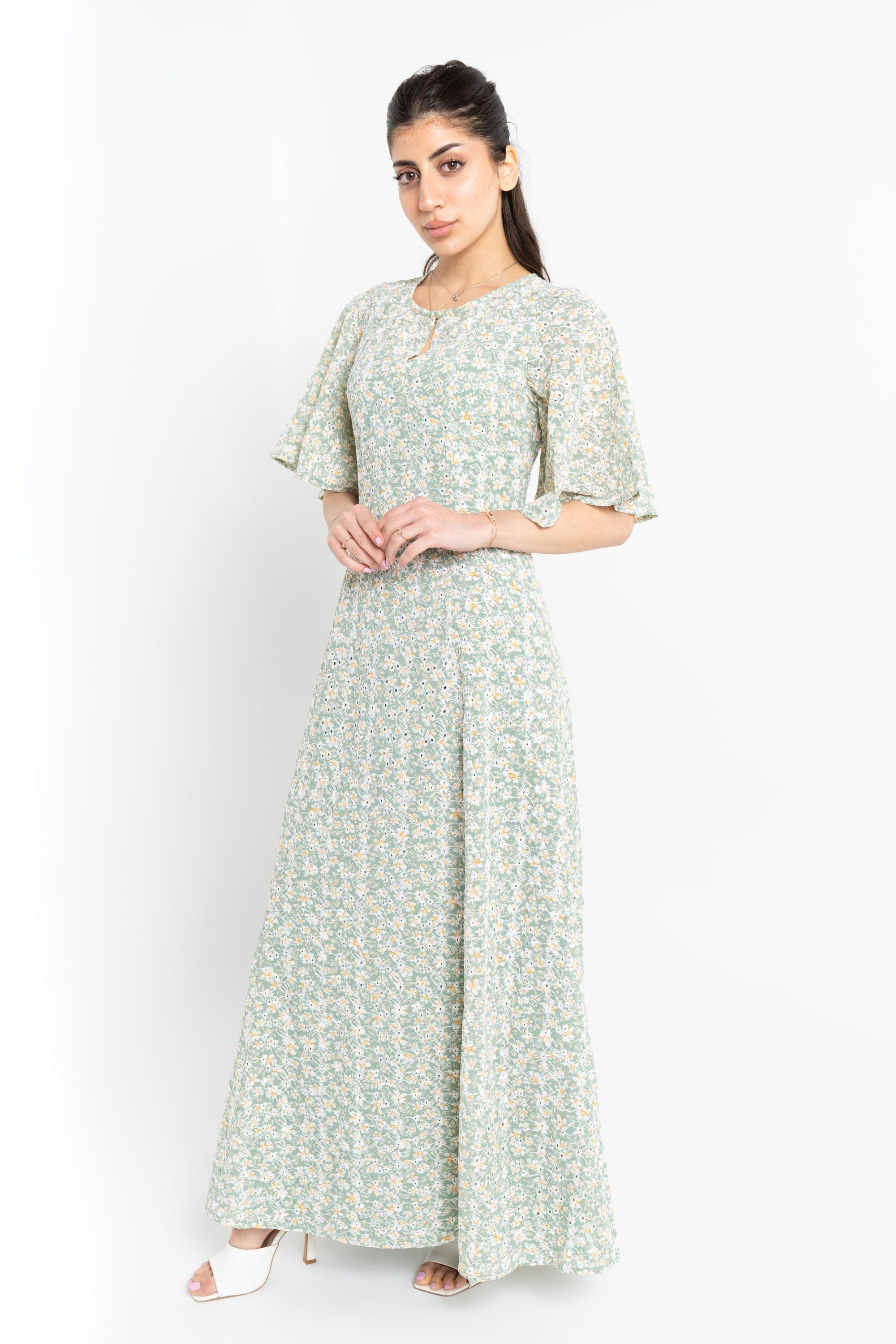 نتشي فستان مورد مخصر طويل بأكمام على شكل فراشة