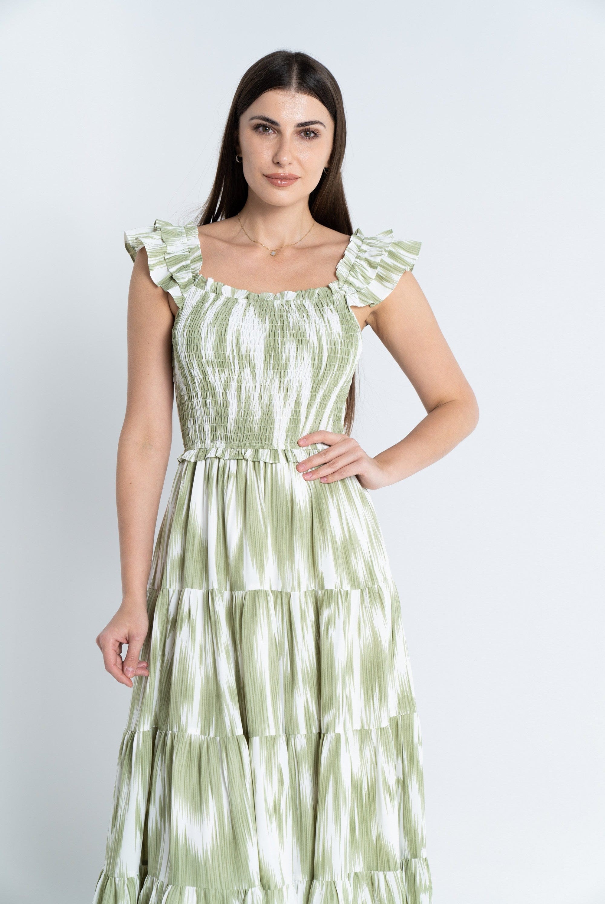 نتشي فستان ميدي مخصر كم عريض مكشكش نسائي