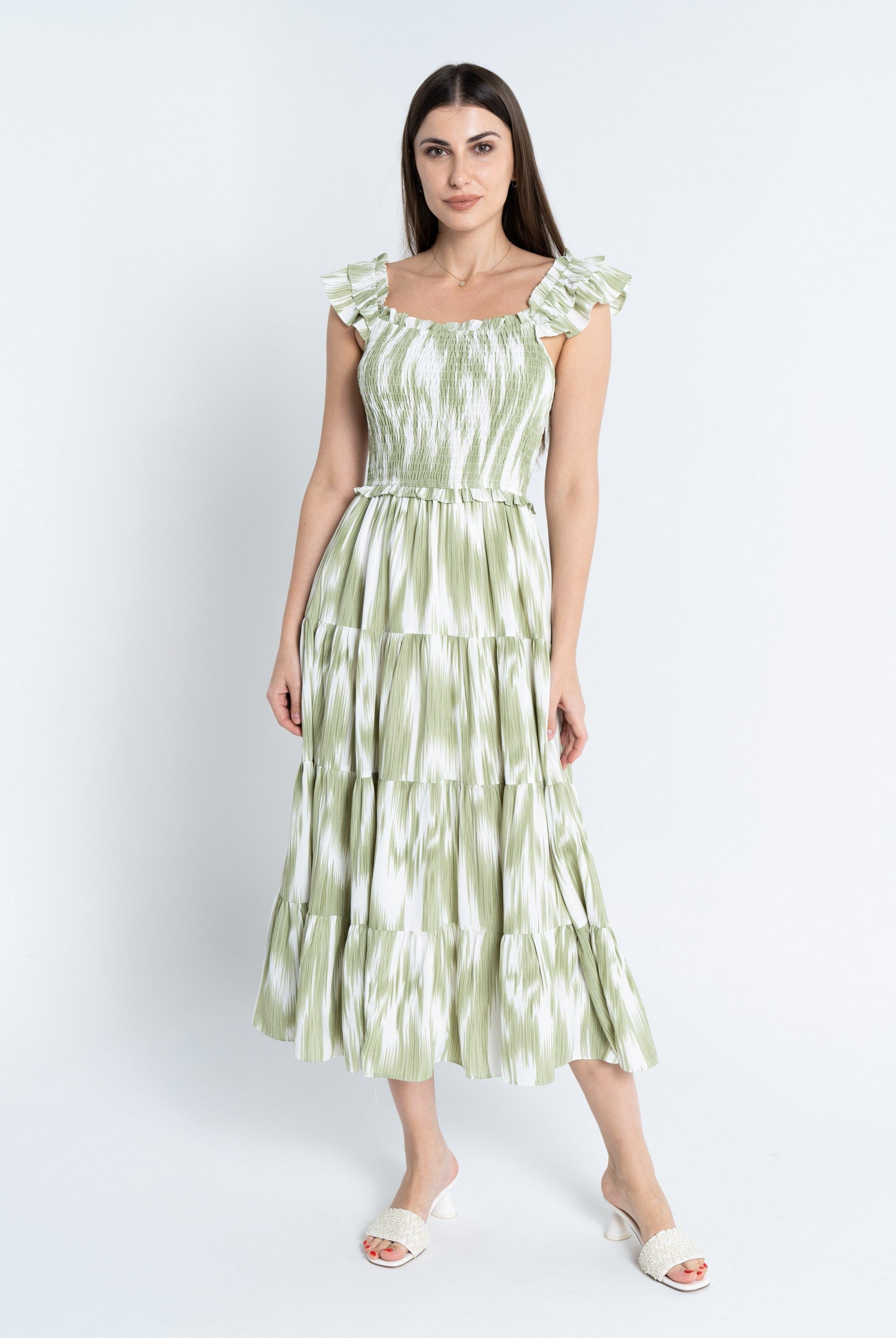 نتشي فستان ميدي مخصر كم عريض مكشكش نسائي