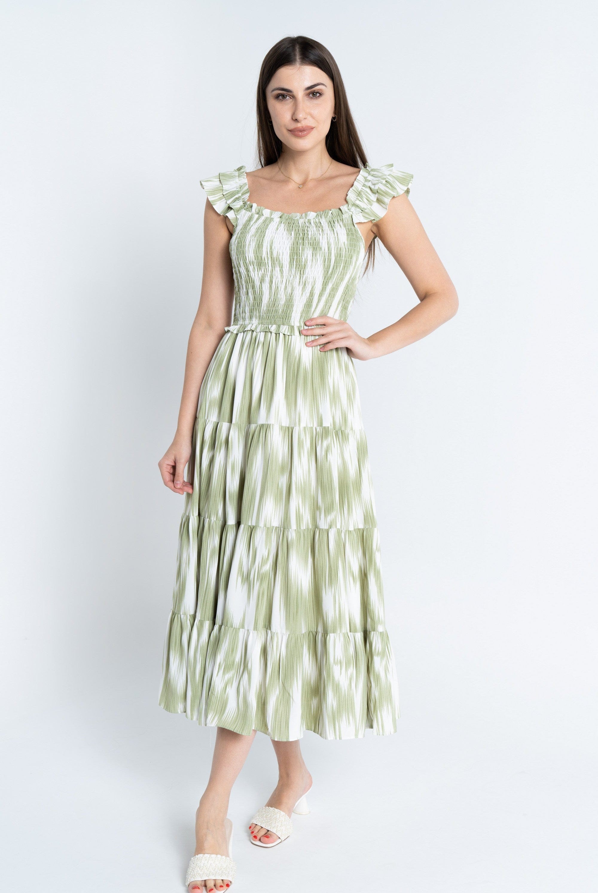 نتشي فستان ميدي مخصر كم عريض مكشكش نسائي