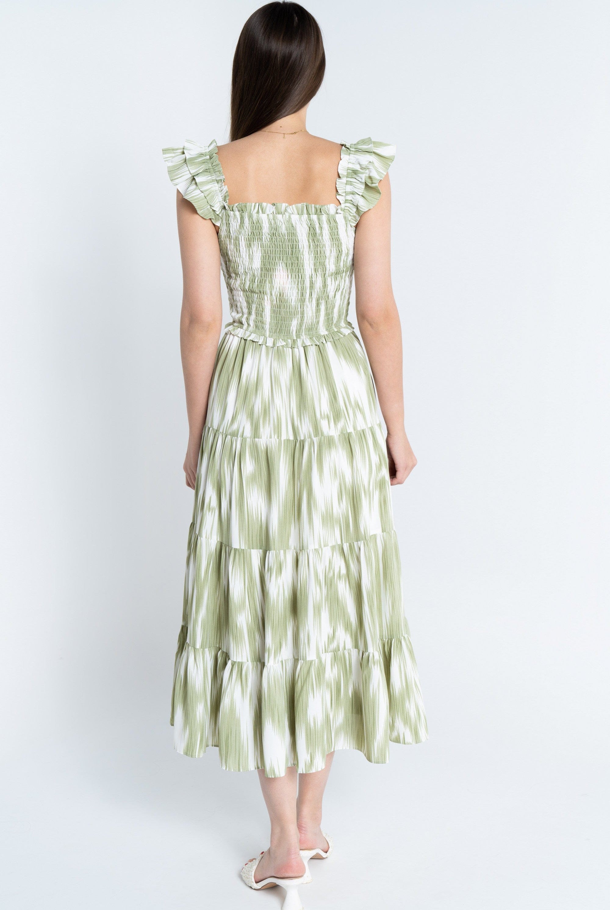 نتشي فستان ميدي مخصر كم عريض مكشكش نسائي