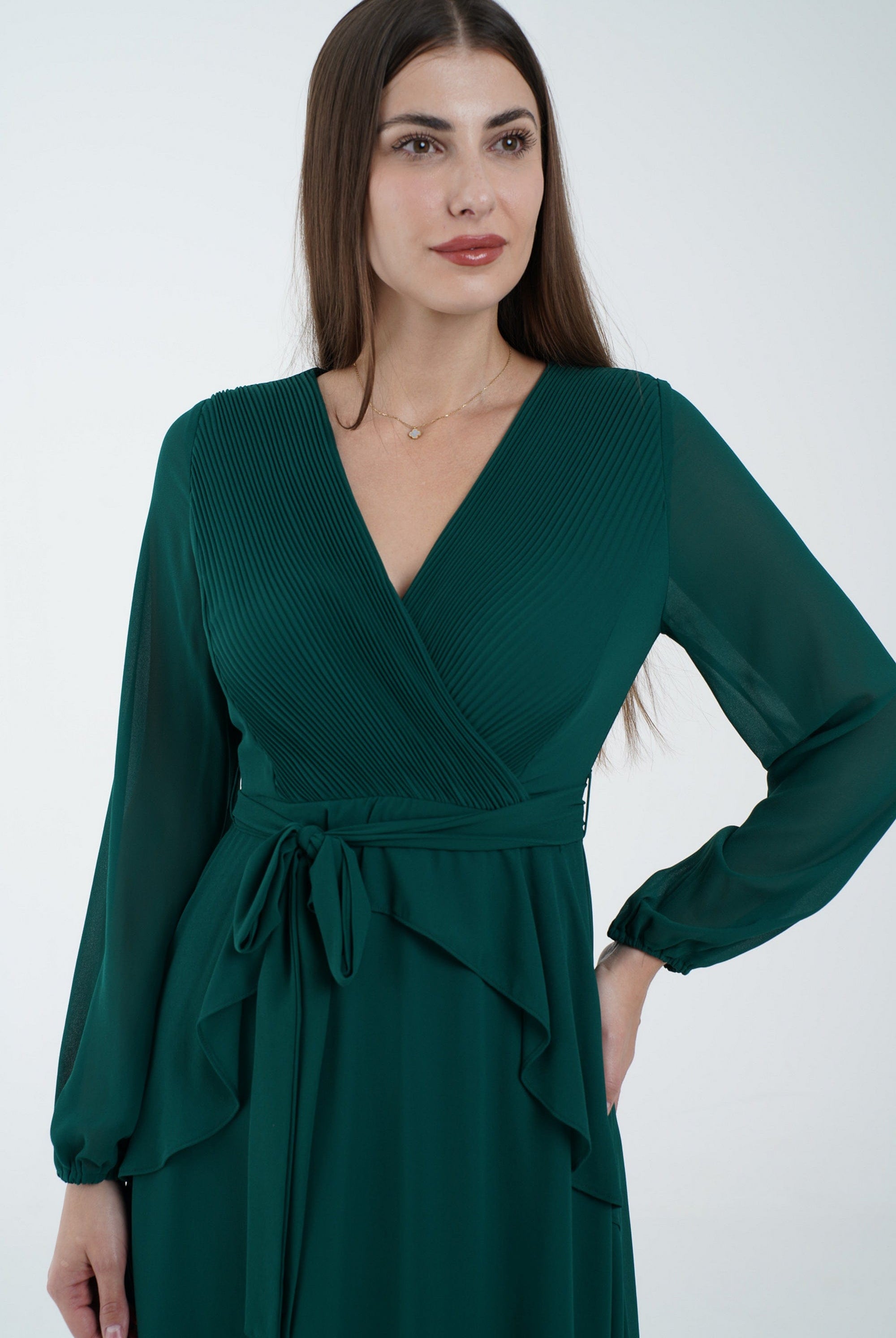 نتشي فستان كلاسيك سادة ماكسي بفتحة صدر وكشكشة من الخصر كم طويل بف نسائي