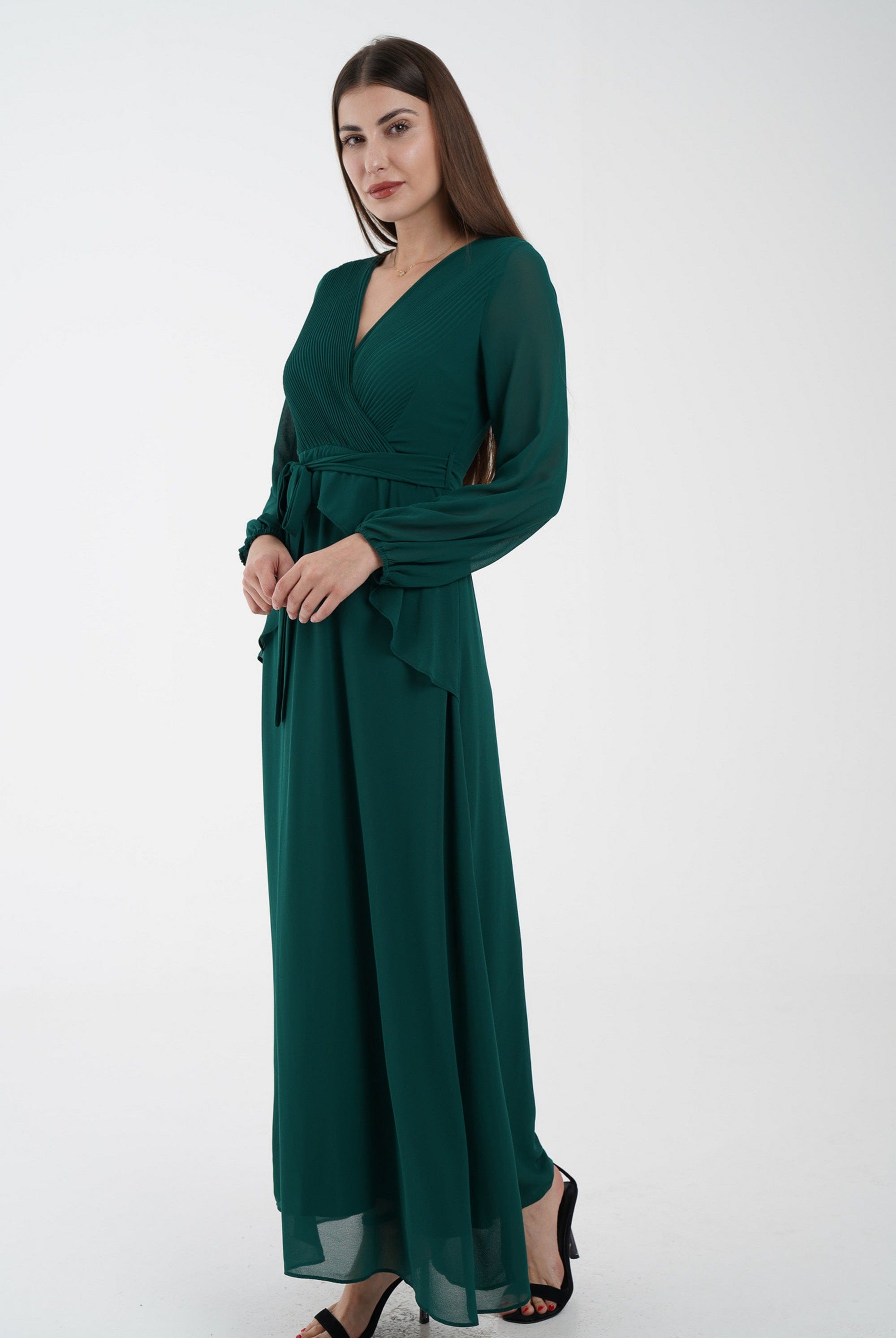 نتشي فستان كلاسيك سادة ماكسي بفتحة صدر وكشكشة من الخصر كم طويل بف نسائي