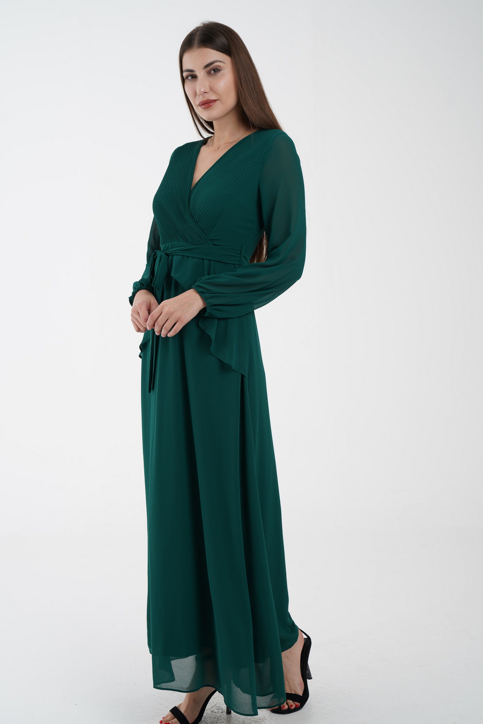 نتشي فستان كلاسيك سادة ماكسي بفتحة صدر وكشكشة من الخصر كم طويل بف نسائي