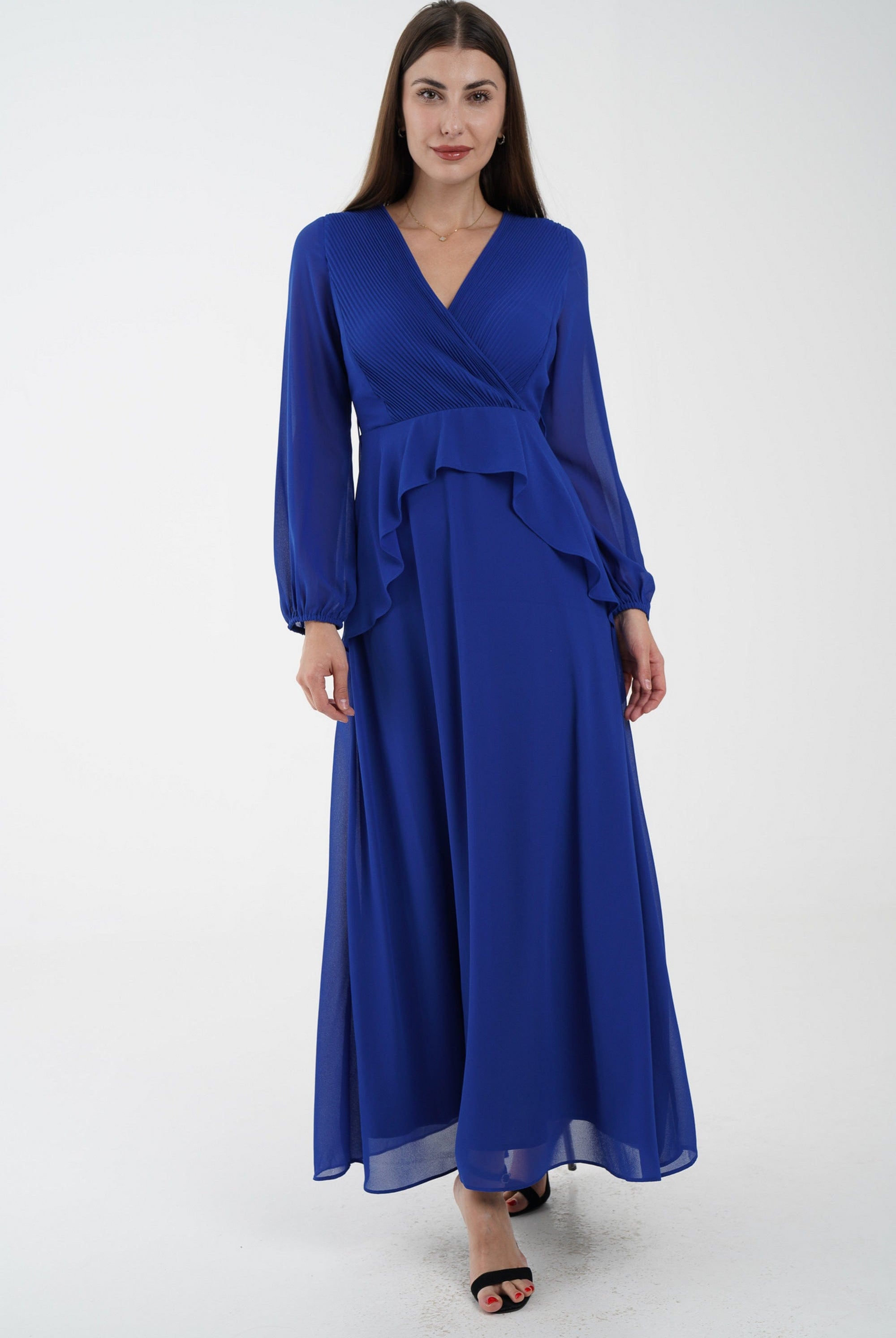 نتشي فستان كلاسيك سادة ماكسي بفتحة صدر وكشكشة من الخصر كم طويل بف نسائي