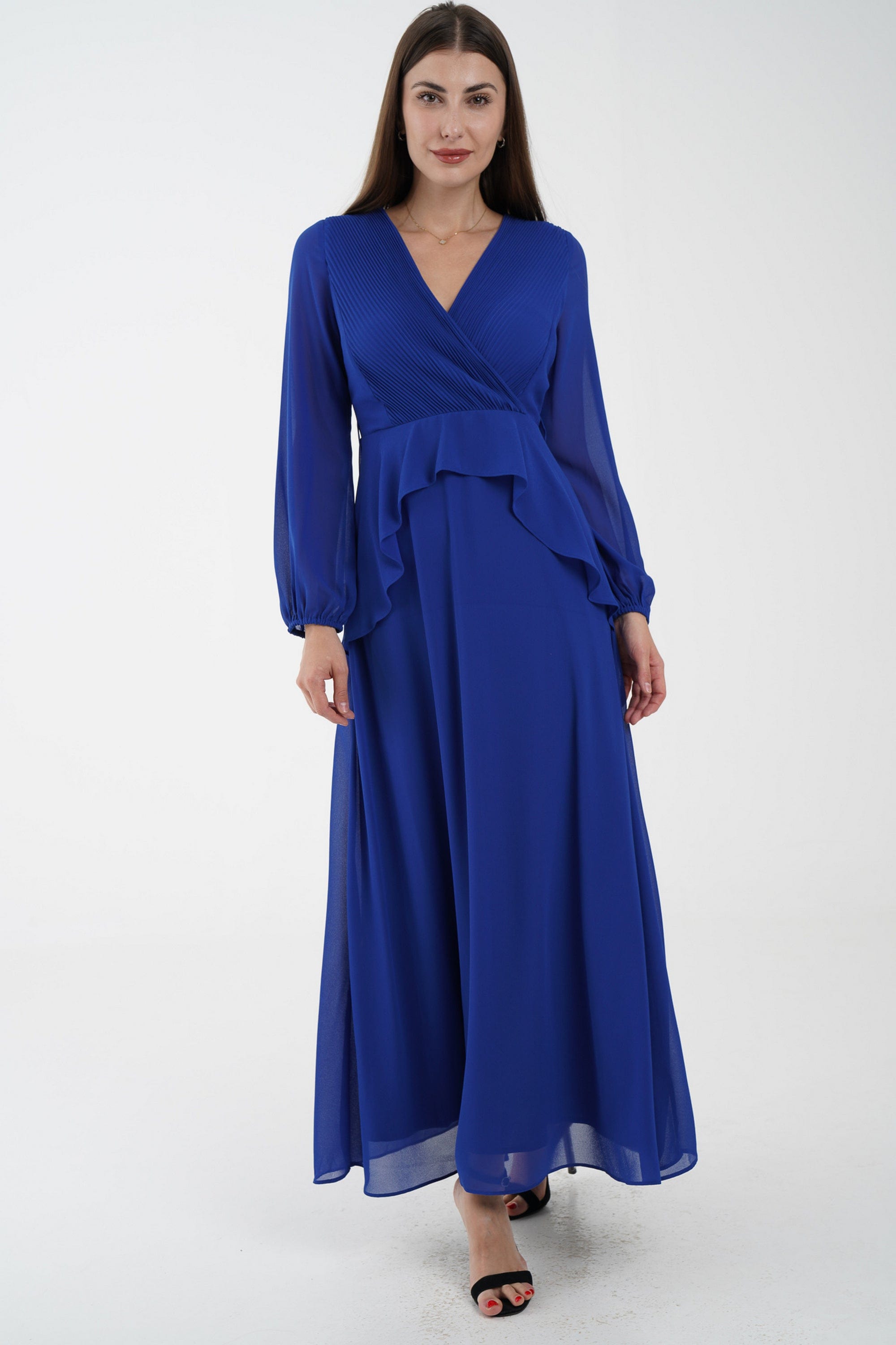 نتشي فستان كلاسيك سادة ماكسي بفتحة صدر وكشكشة من الخصر كم طويل بف نسائي