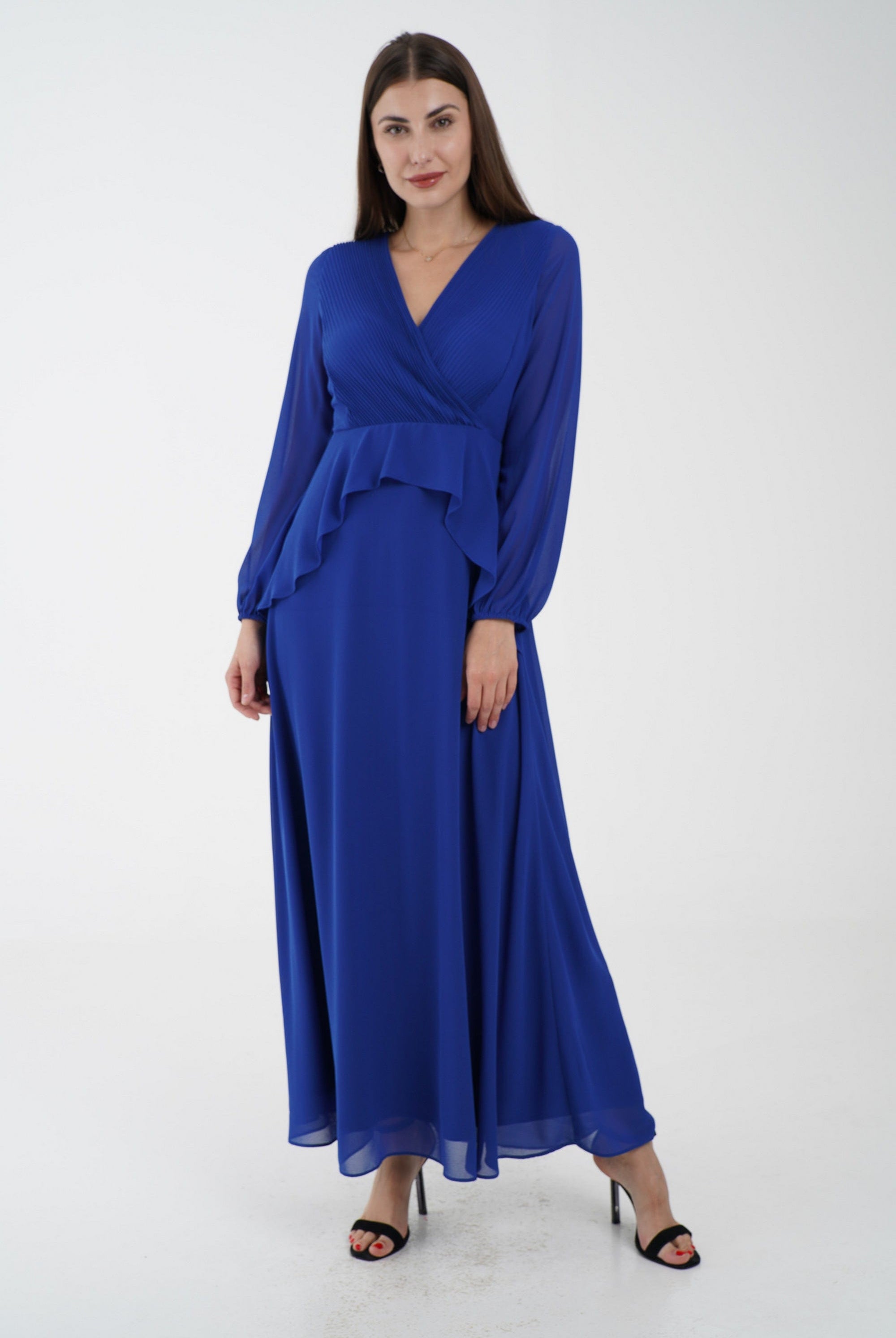 نتشي فستان كلاسيك سادة ماكسي بفتحة صدر وكشكشة من الخصر كم طويل بف نسائي