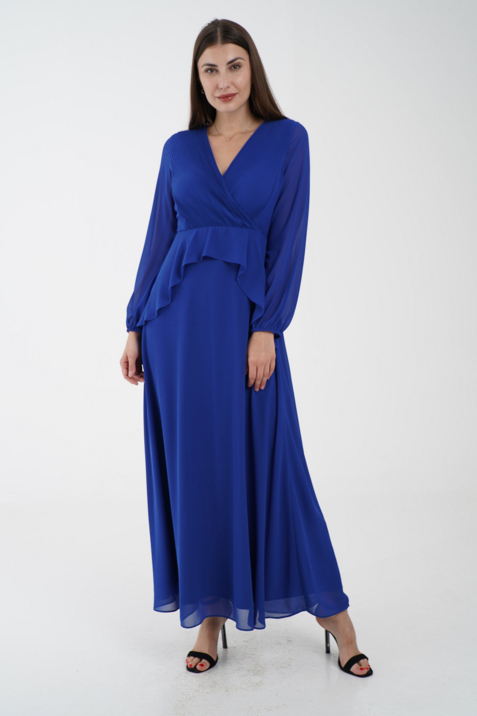 نتشي فستان كلاسيك سادة ماكسي بفتحة صدر وكشكشة من الخصر كم طويل بف نسائي