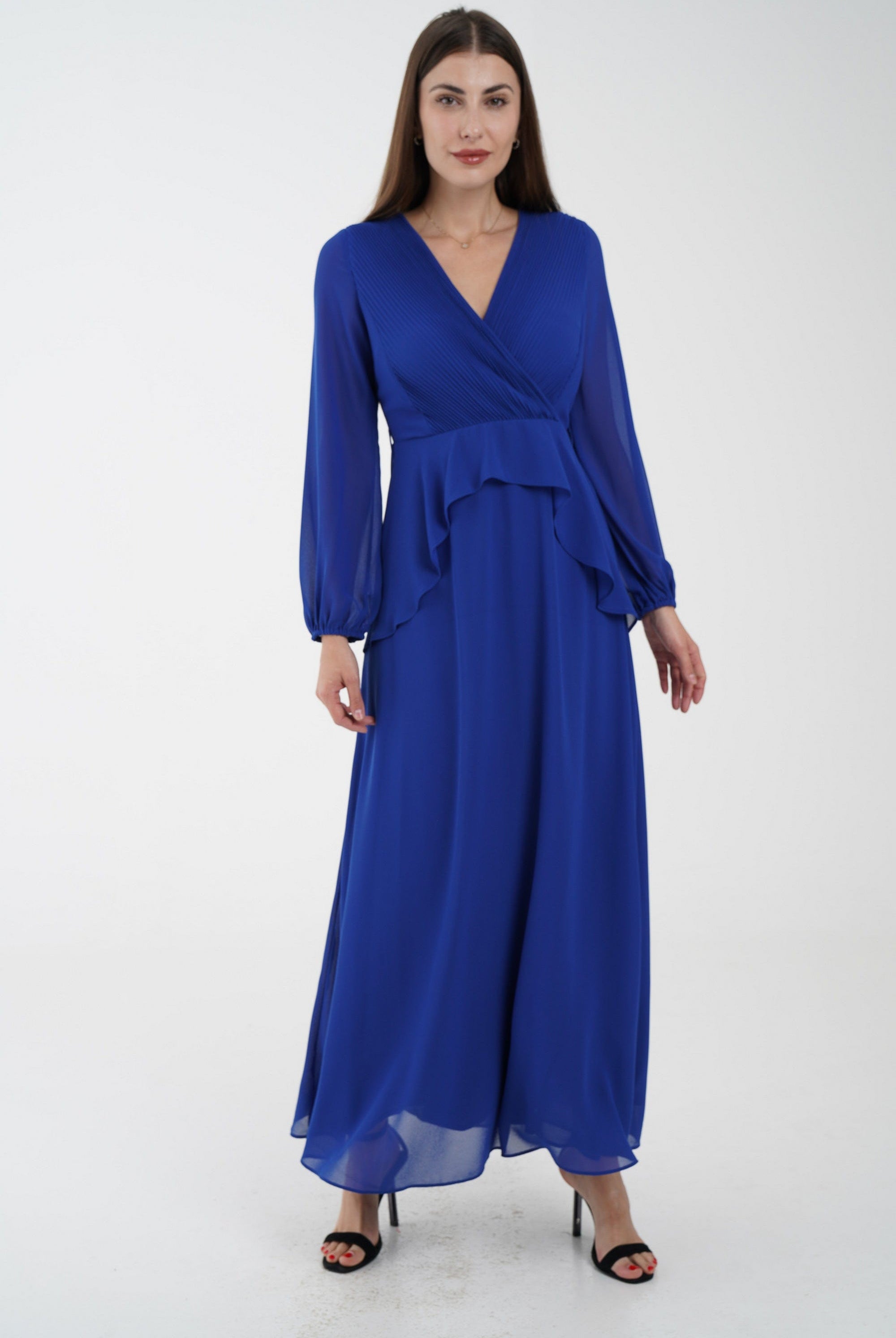 نتشي فستان كلاسيك سادة ماكسي بفتحة صدر وكشكشة من الخصر كم طويل بف نسائي