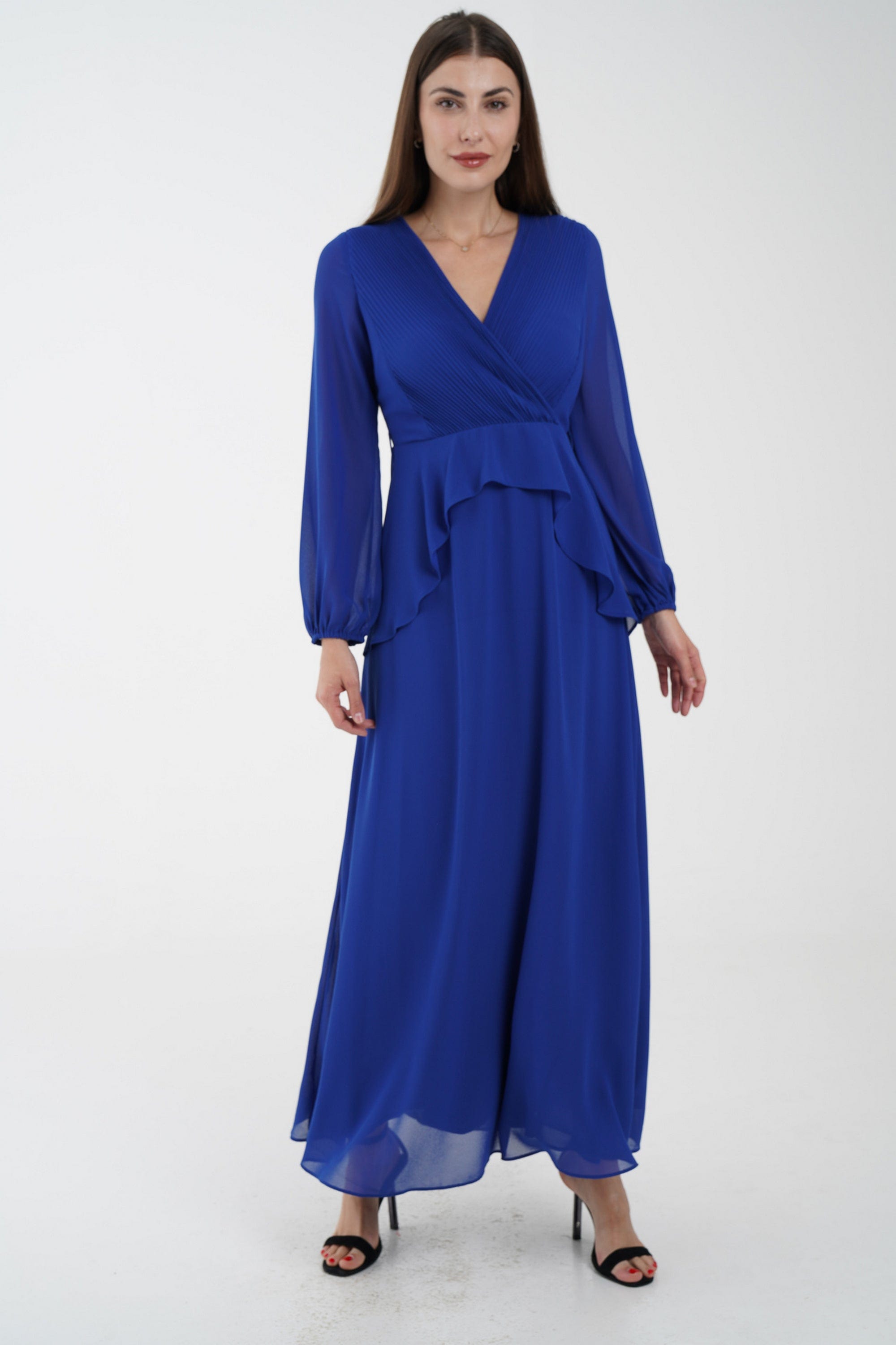 نتشي فستان كلاسيك سادة ماكسي بفتحة صدر وكشكشة من الخصر كم طويل بف نسائي