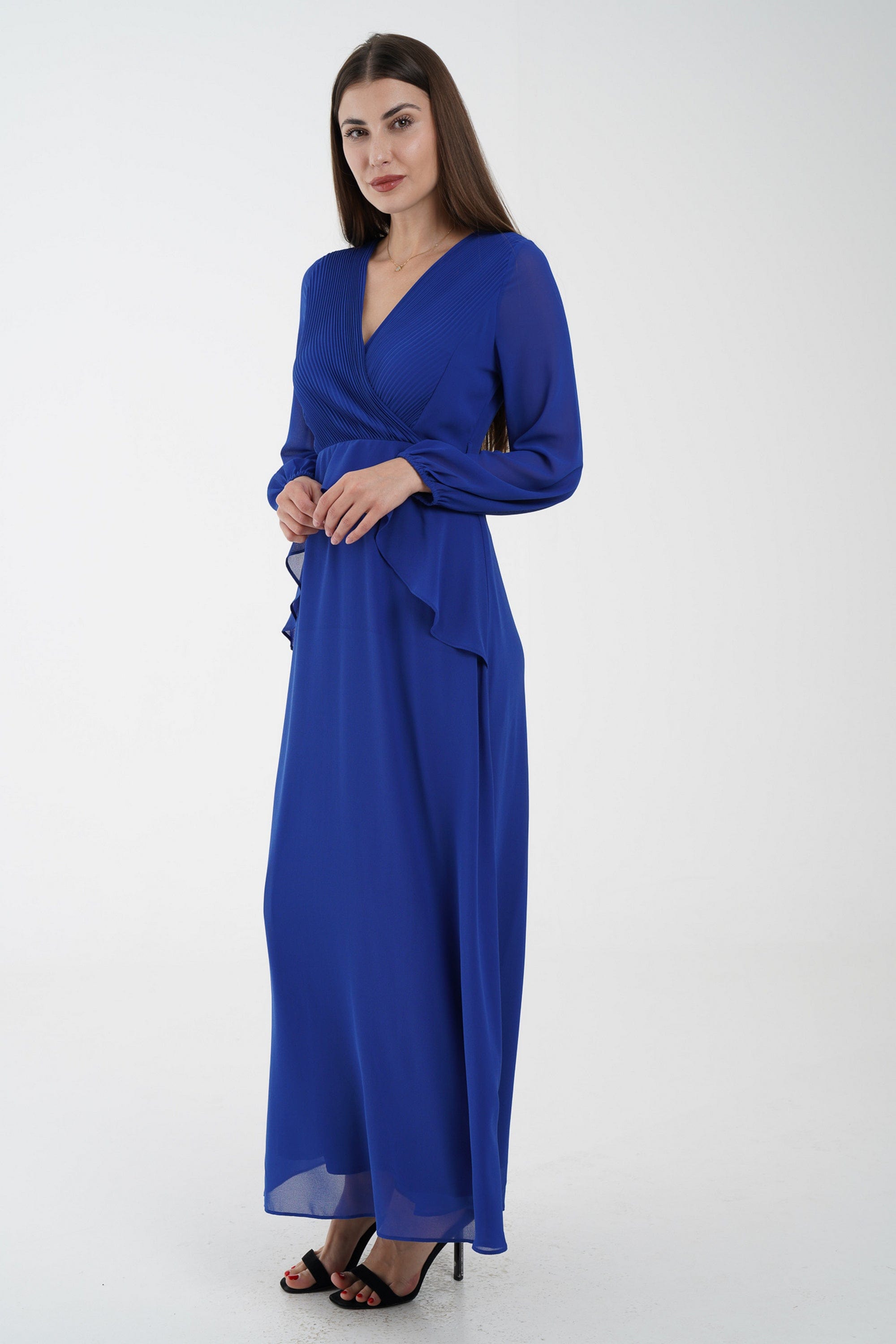 نتشي فستان كلاسيك سادة ماكسي بفتحة صدر وكشكشة من الخصر كم طويل بف نسائي