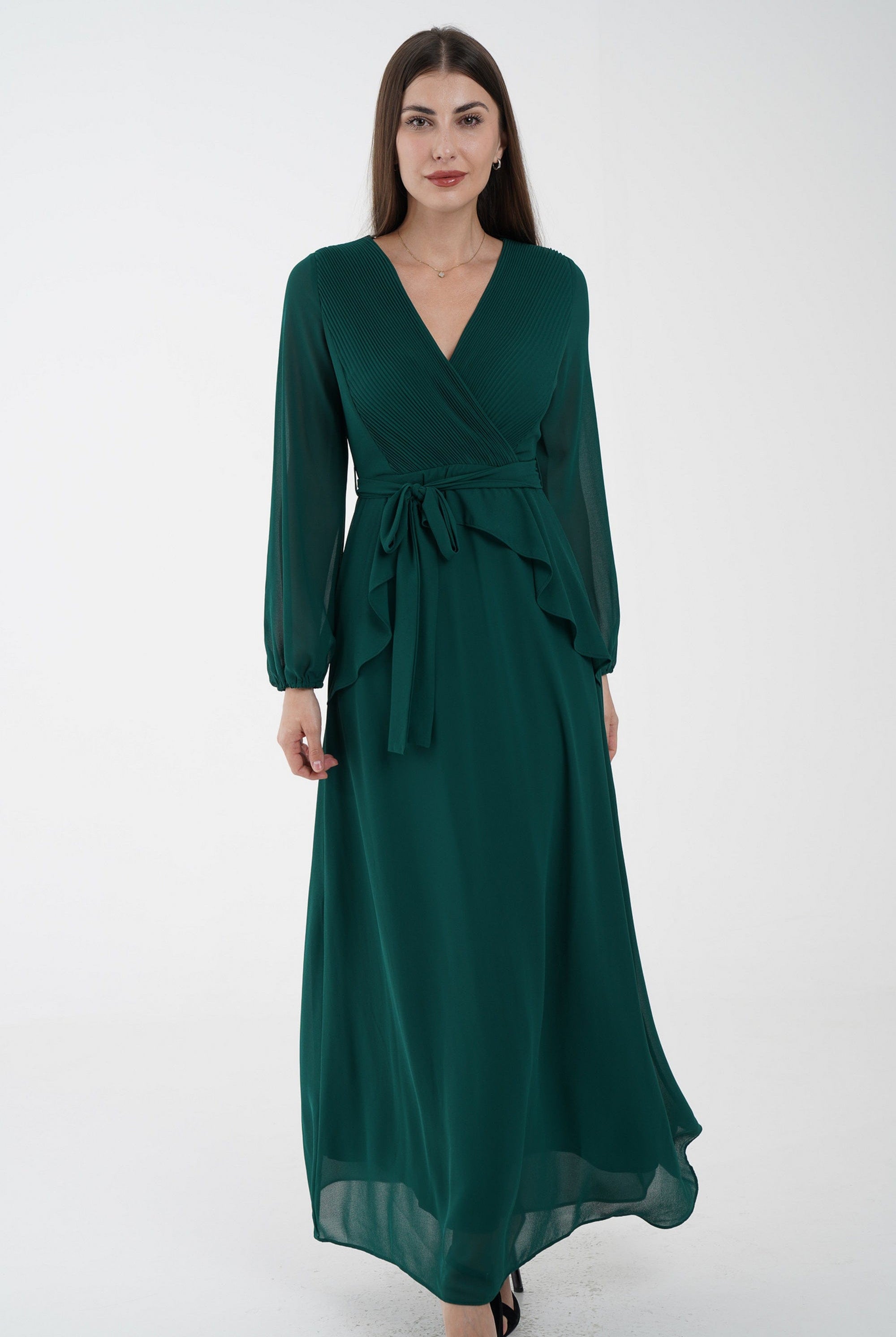 نتشي فستان كلاسيك سادة ماكسي بفتحة صدر وكشكشة من الخصر كم طويل بف نسائي