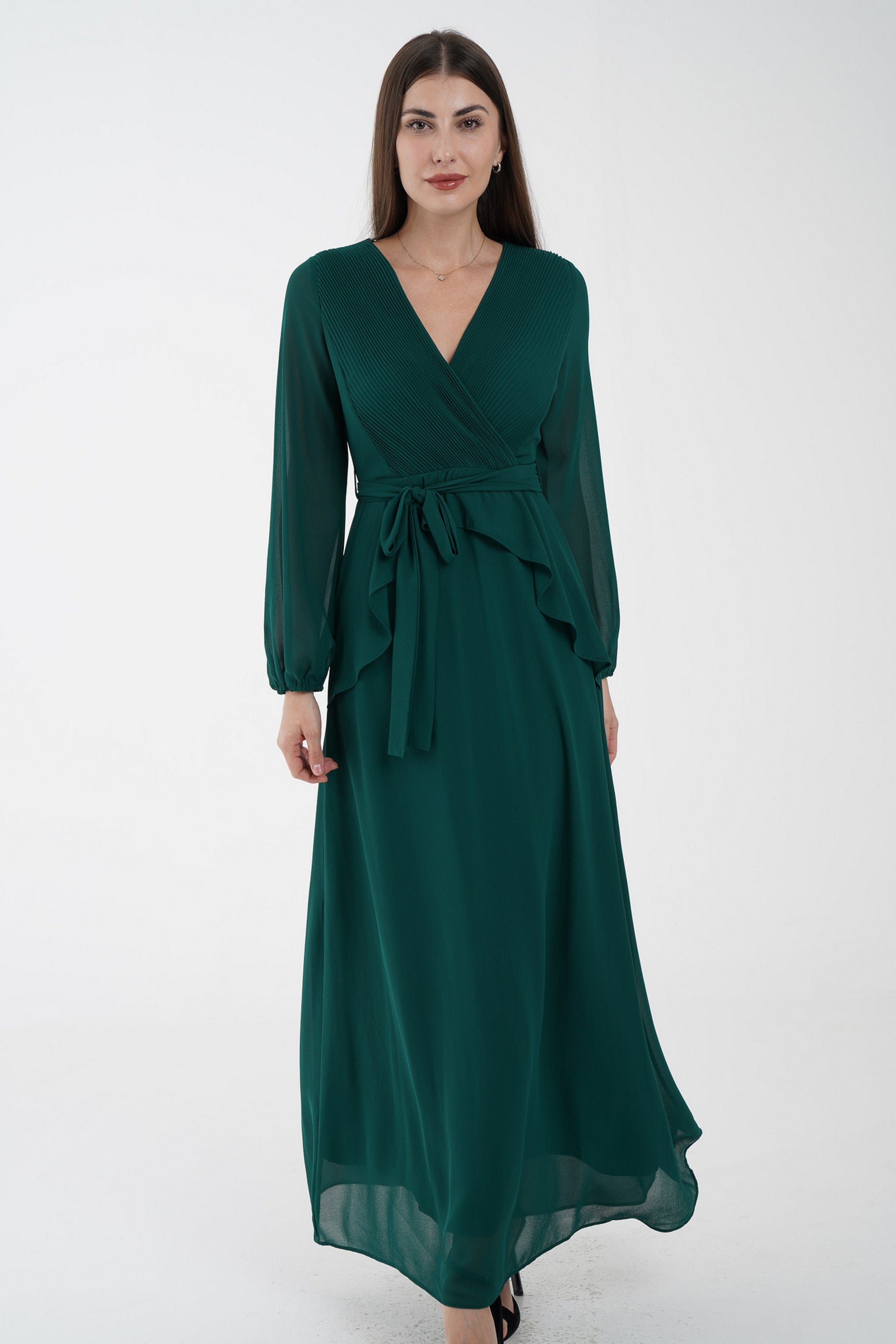 نتشي فستان كلاسيك سادة ماكسي بفتحة صدر وكشكشة من الخصر كم طويل بف نسائي