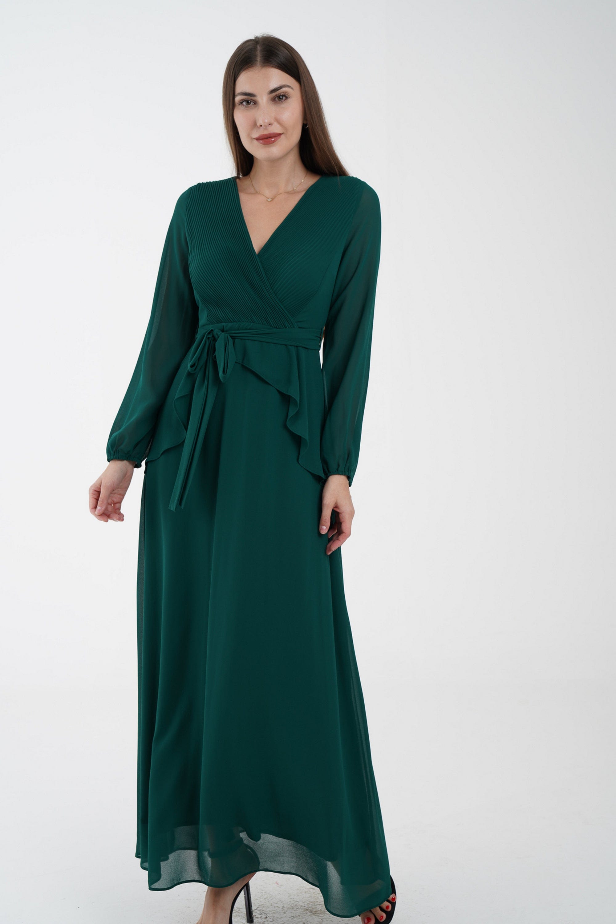 نتشي فستان كلاسيك سادة ماكسي بفتحة صدر وكشكشة من الخصر كم طويل بف نسائي