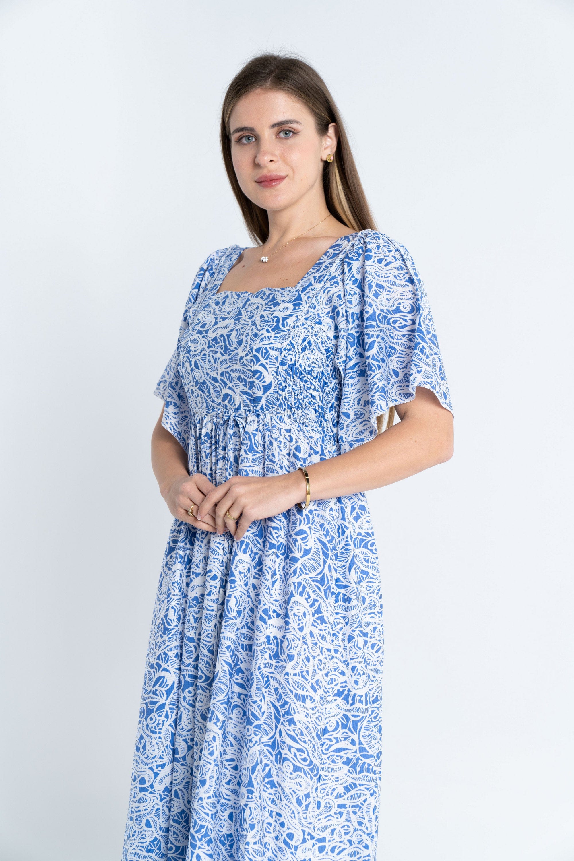 نتشي فستان منقوش مخصر ياقة مربعة نص كم واسع نسائي