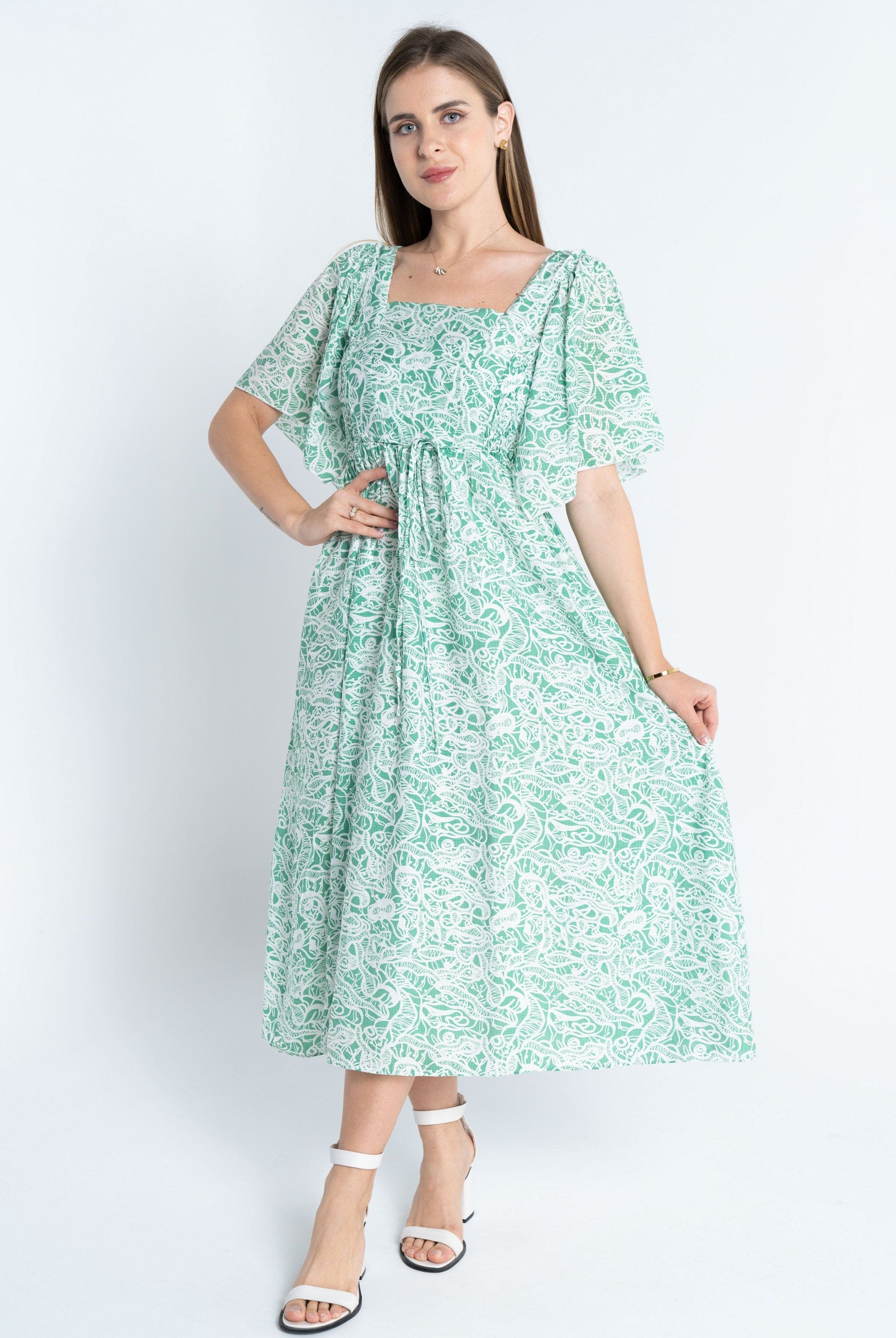 نتشي فستان منقوش مخصر ياقة مربعة نص كم واسع نسائي