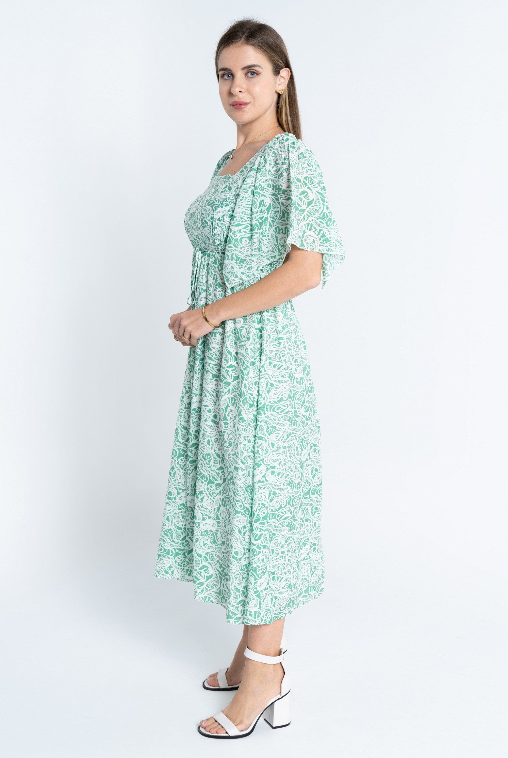 نتشي فستان منقوش مخصر ياقة مربعة نص كم واسع نسائي