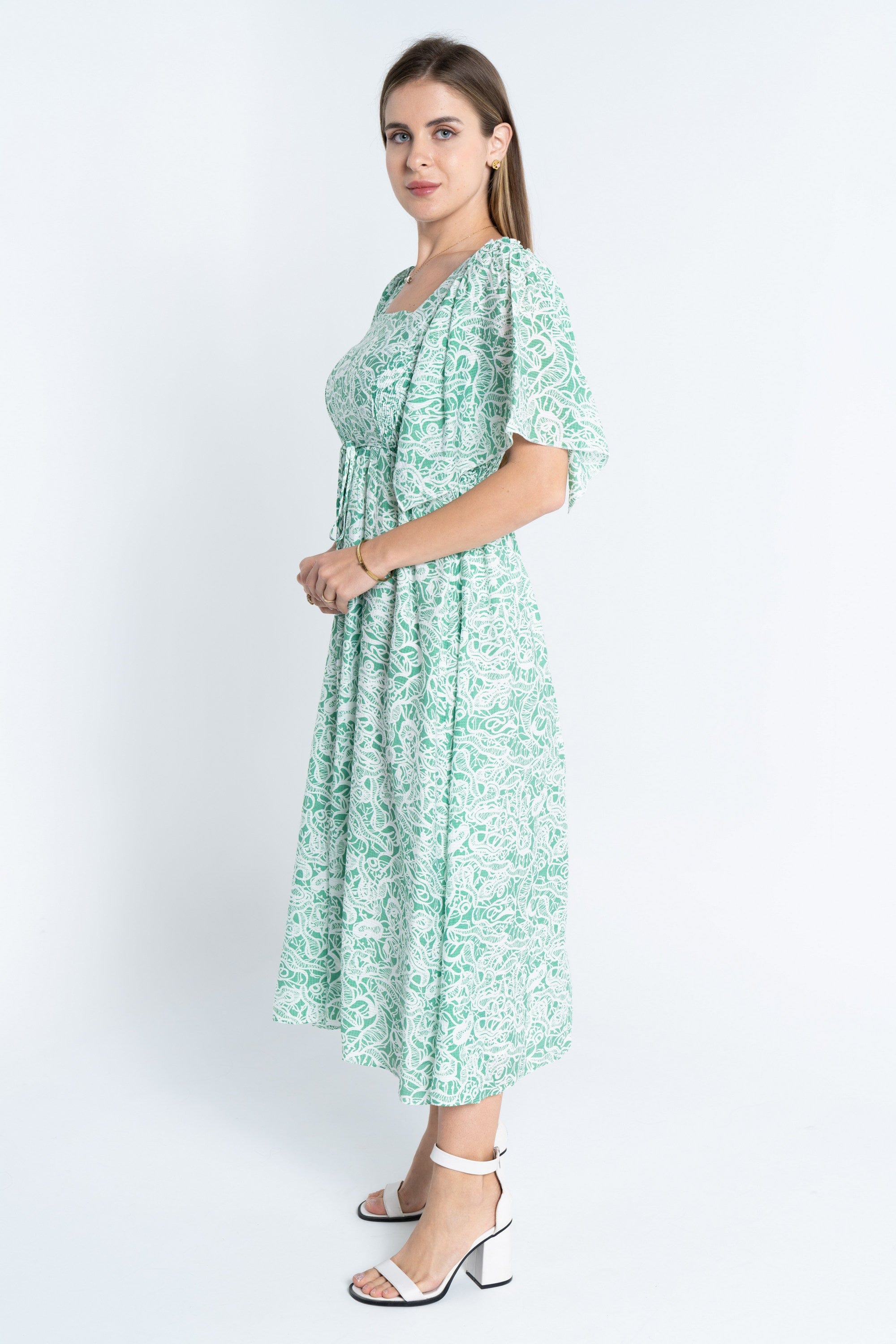 نتشي فستان منقوش مخصر ياقة مربعة نص كم واسع نسائي