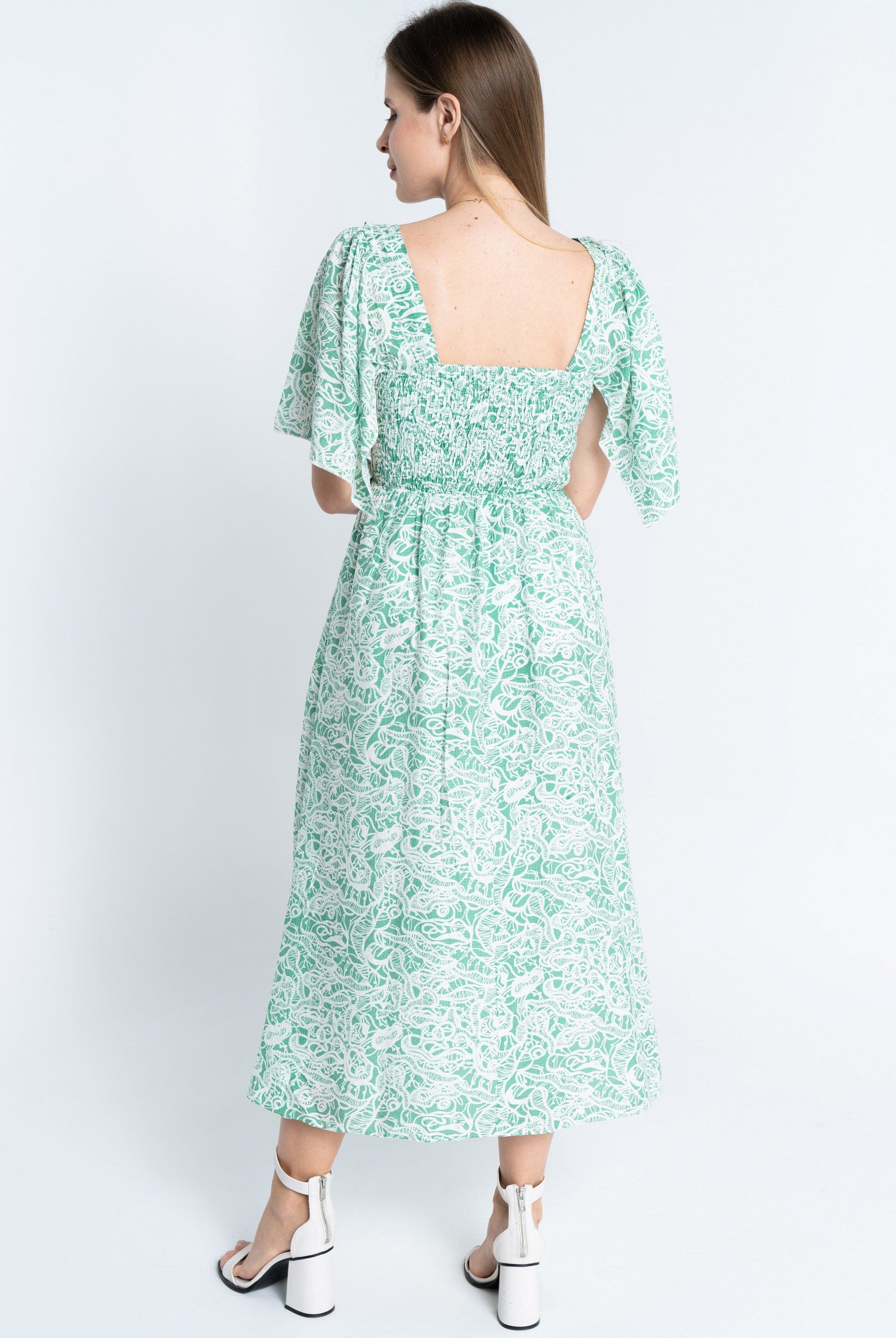 نتشي فستان منقوش مخصر ياقة مربعة نص كم واسع نسائي