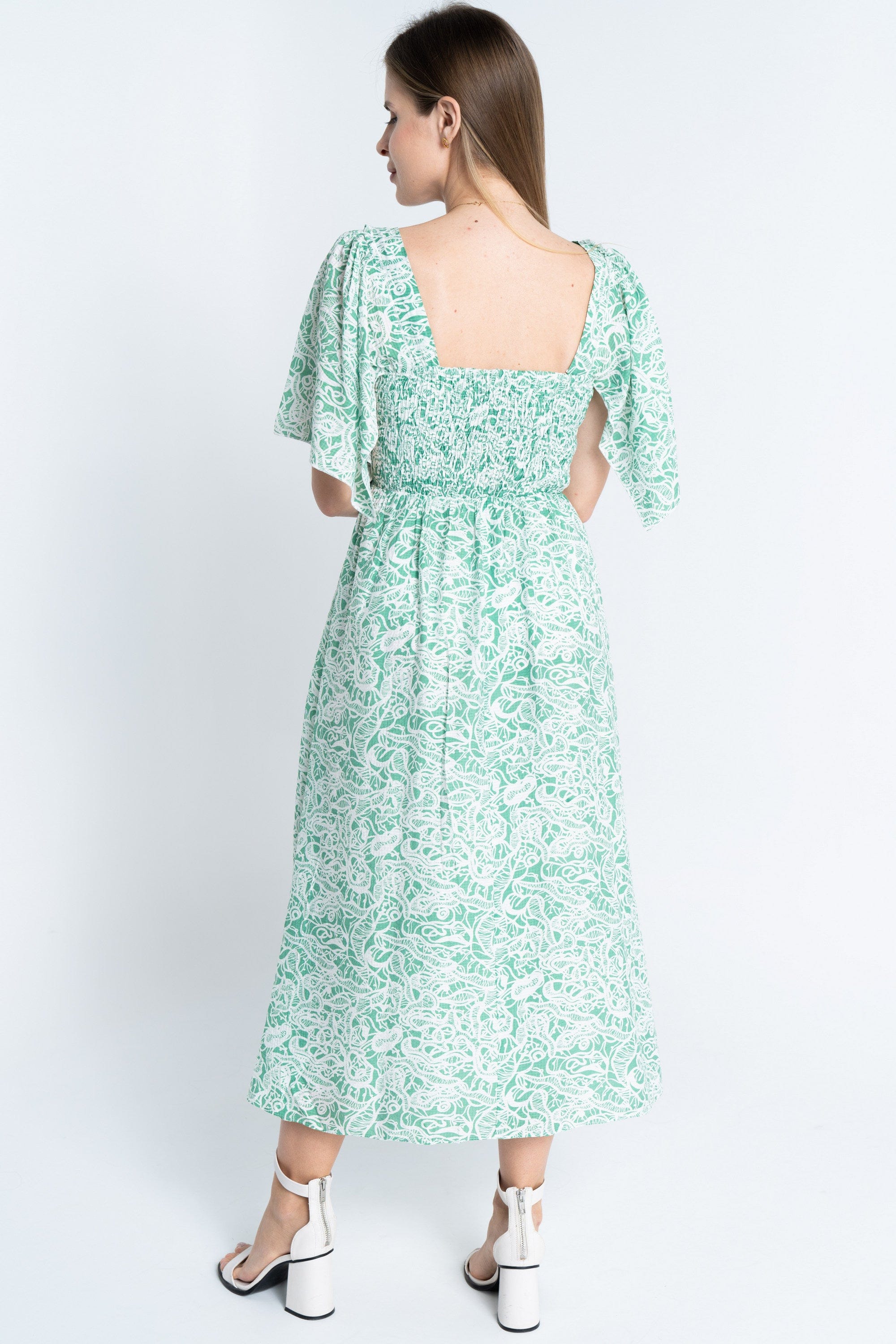 نتشي فستان منقوش مخصر ياقة مربعة نص كم واسع نسائي