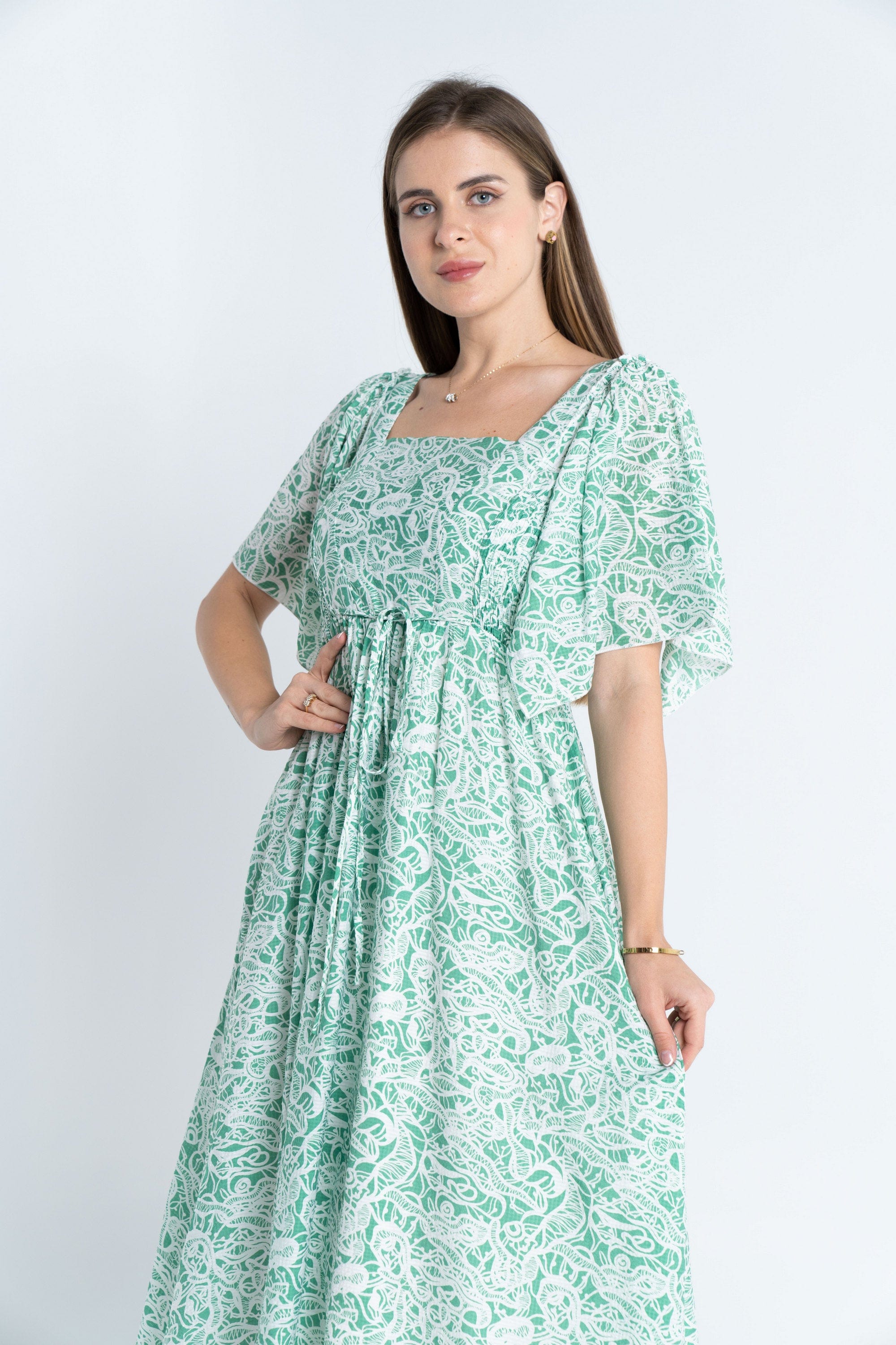 نتشي فستان منقوش مخصر ياقة مربعة نص كم واسع نسائي