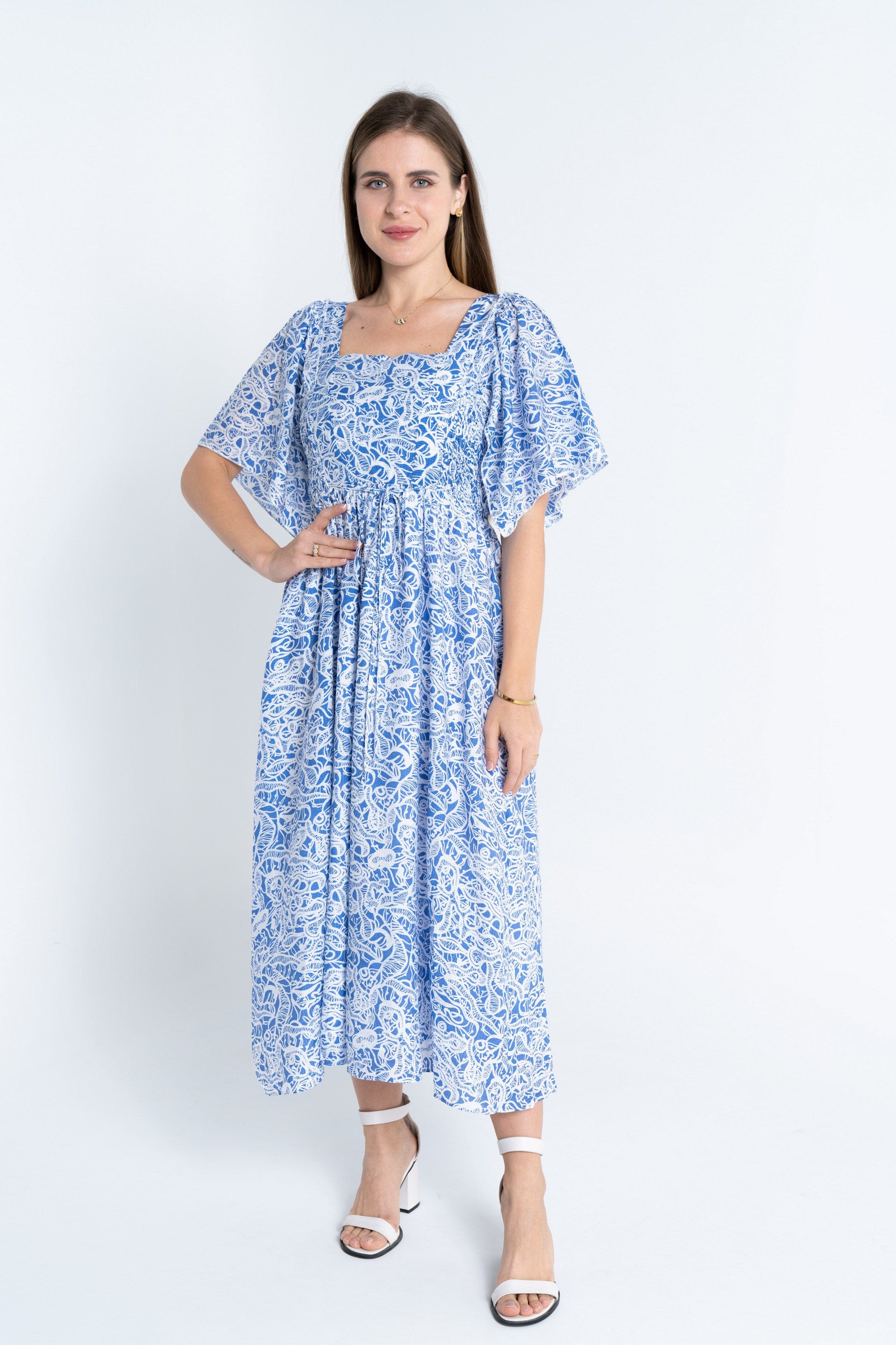 نتشي فستان منقوش مخصر ياقة مربعة نص كم واسع نسائي