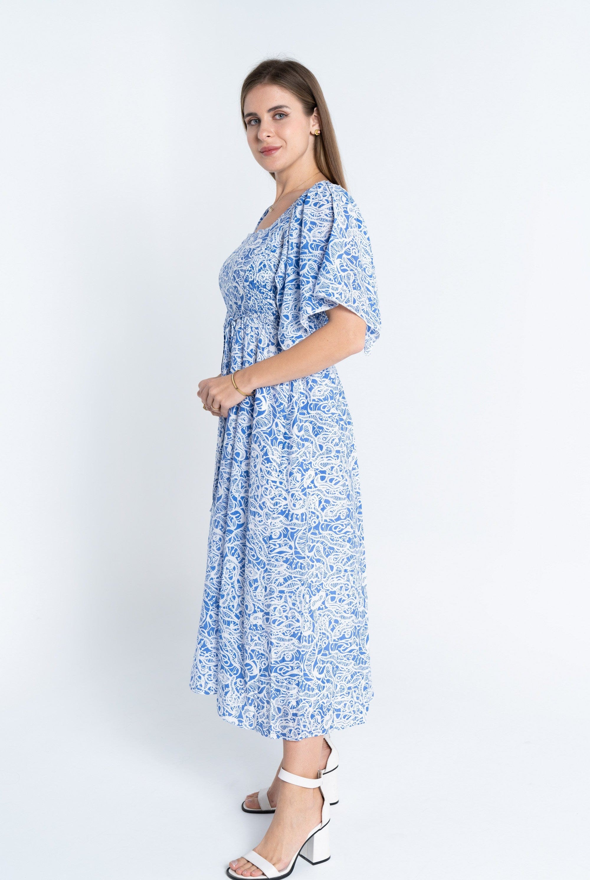 نتشي فستان منقوش مخصر ياقة مربعة نص كم واسع نسائي