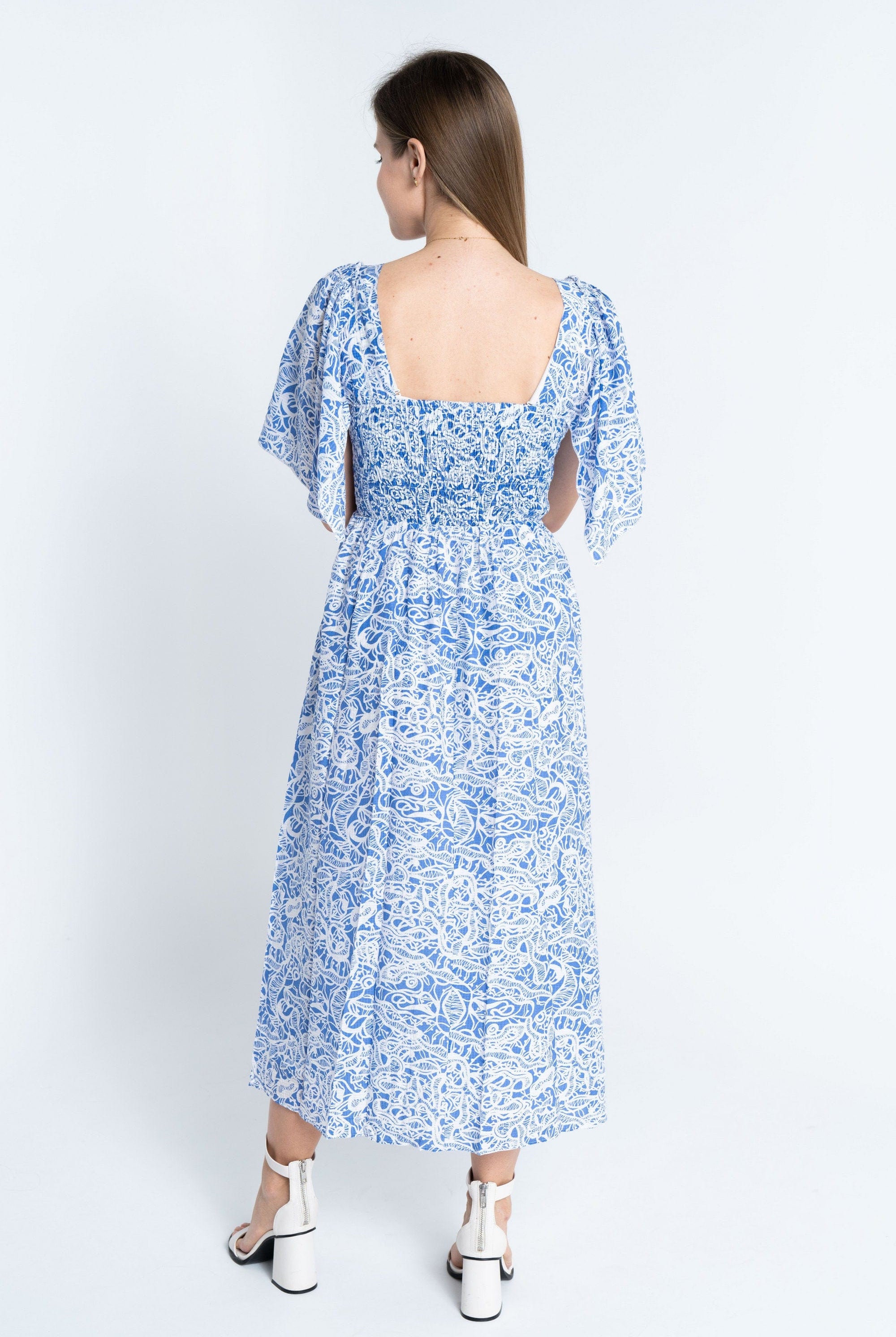 نتشي فستان منقوش مخصر ياقة مربعة نص كم واسع نسائي