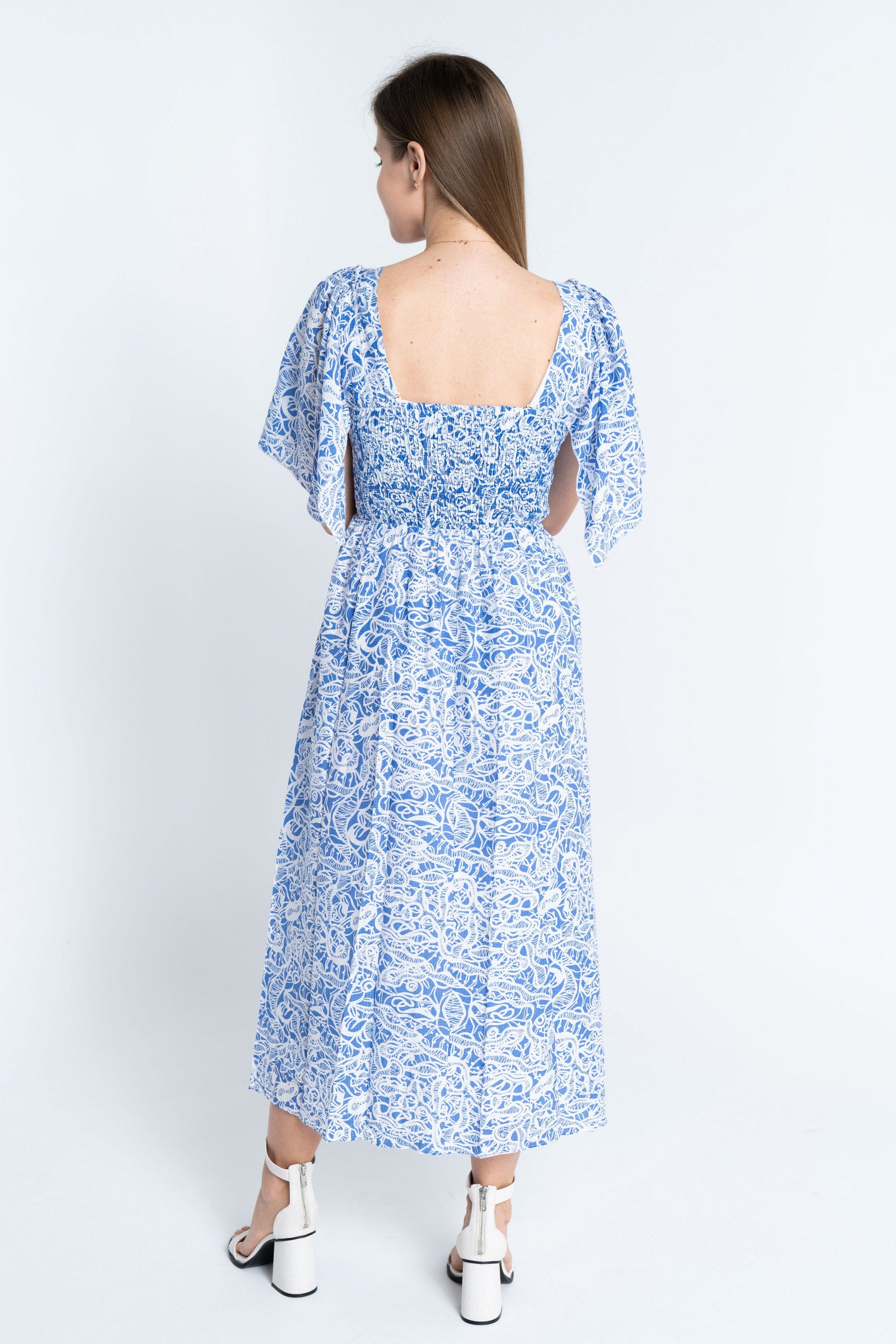 نتشي فستان منقوش مخصر ياقة مربعة نص كم واسع نسائي